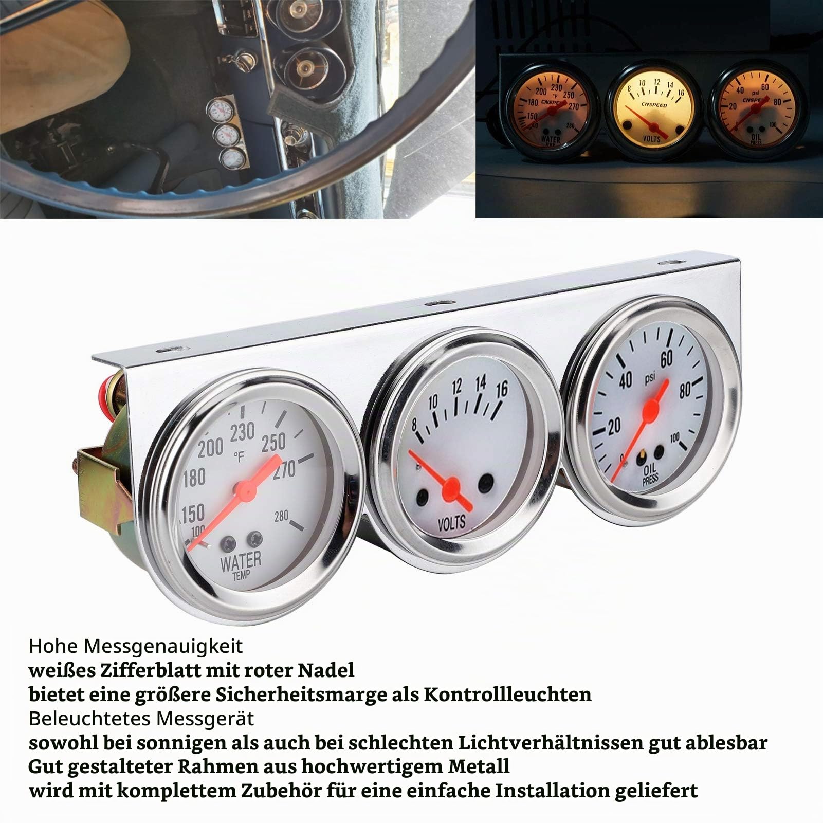 Auto-Triple-Anzeigen-Set, Universal 3 in 1 52 Mm 12 V Mechanisches Instrument Wassertemperaturanzeige + Öldruckanzeige + Voltmeter