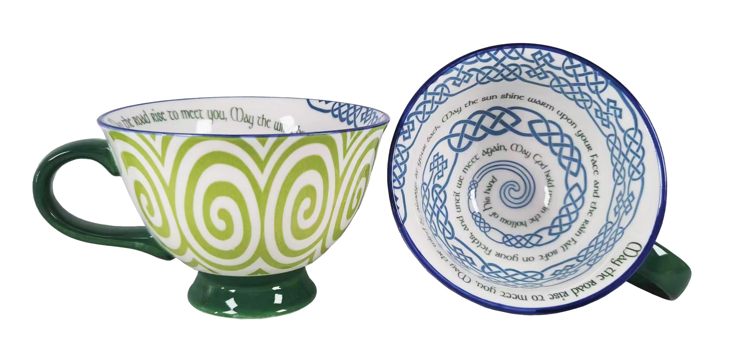 Bone China Blessing Mug May the Road Rise Latte Cup Green Spiral Ceramic Hand Painted Irish Symbol Kitchenware for Hot or Cold Drinks 15.2 Oz