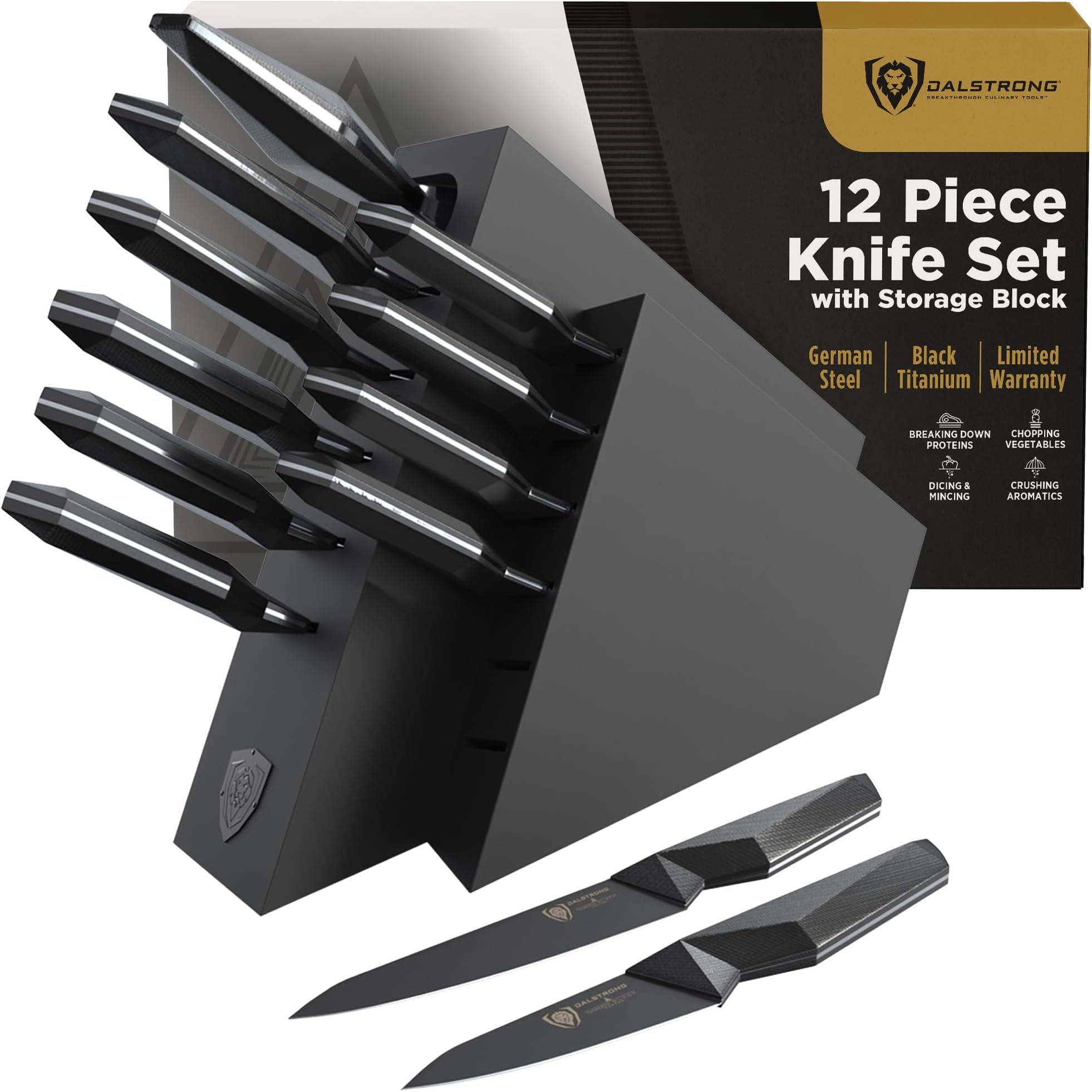 12-Piece Professional Knife Block Set - Shadow Black Series - Black Titanium Nitride Coated - High-Carbon Stainless Steel with Block - NSF Certified Premium Kitchen Set