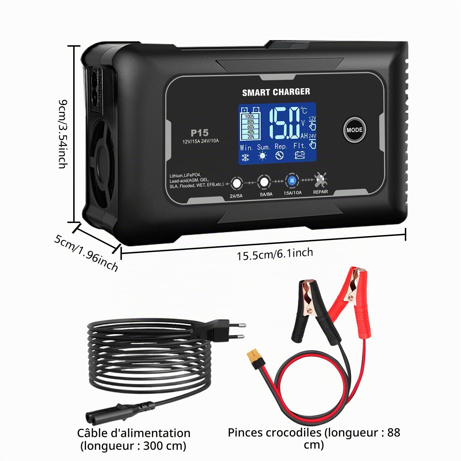 Haisito Chargeur de batterie de voiture 15 A/10 A, 6 V/12 V/24 V, convient pour les motos, tondeuses à gazon, bateaux, etc.