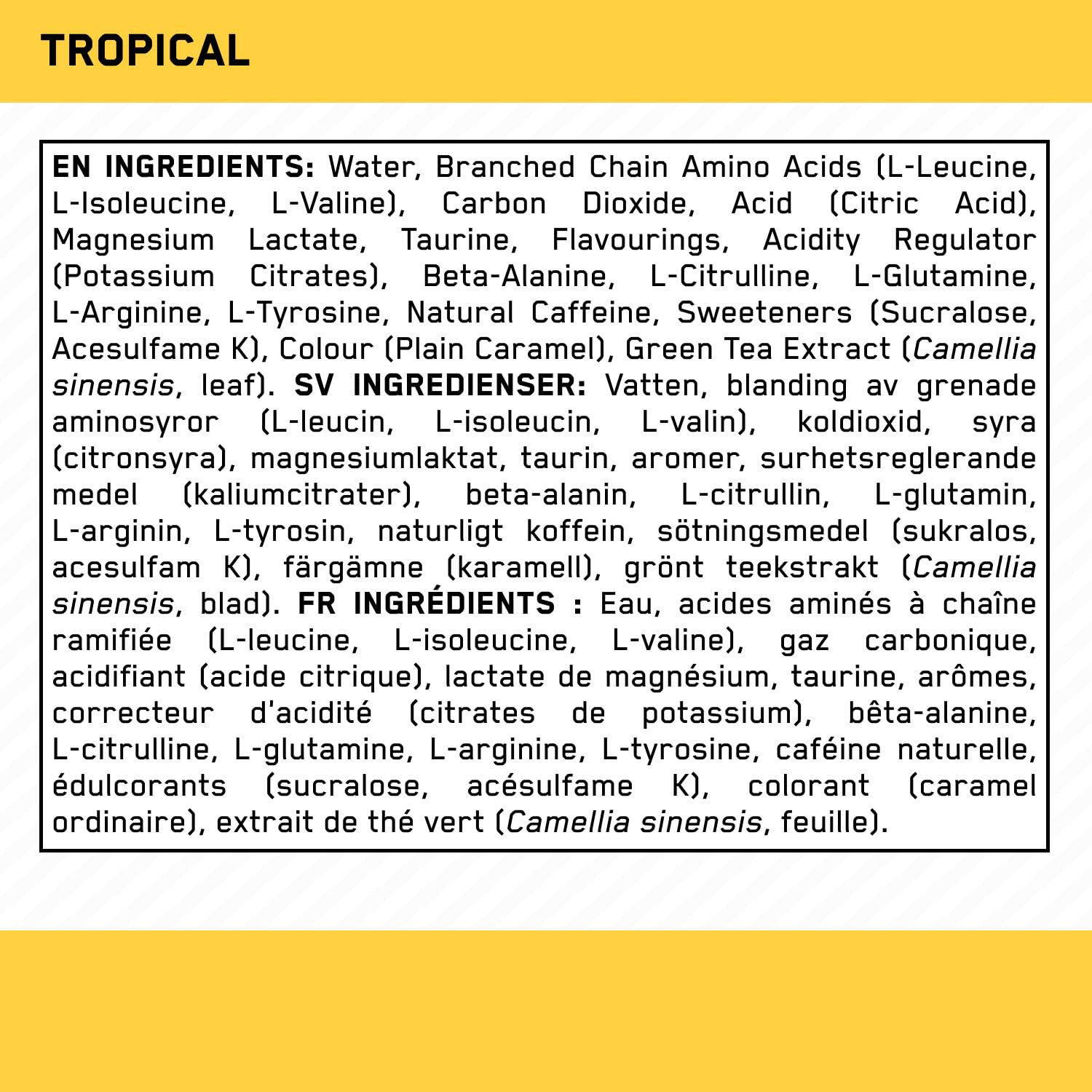 Optimum Nutrition Essential Amino Energy + Electrolytes, boisson énergétique EAA sans sucre, prête à boire, avec électrolytes et caféine, pré-entraînement pour hommes et femmes, Tropical, 24x250 ml