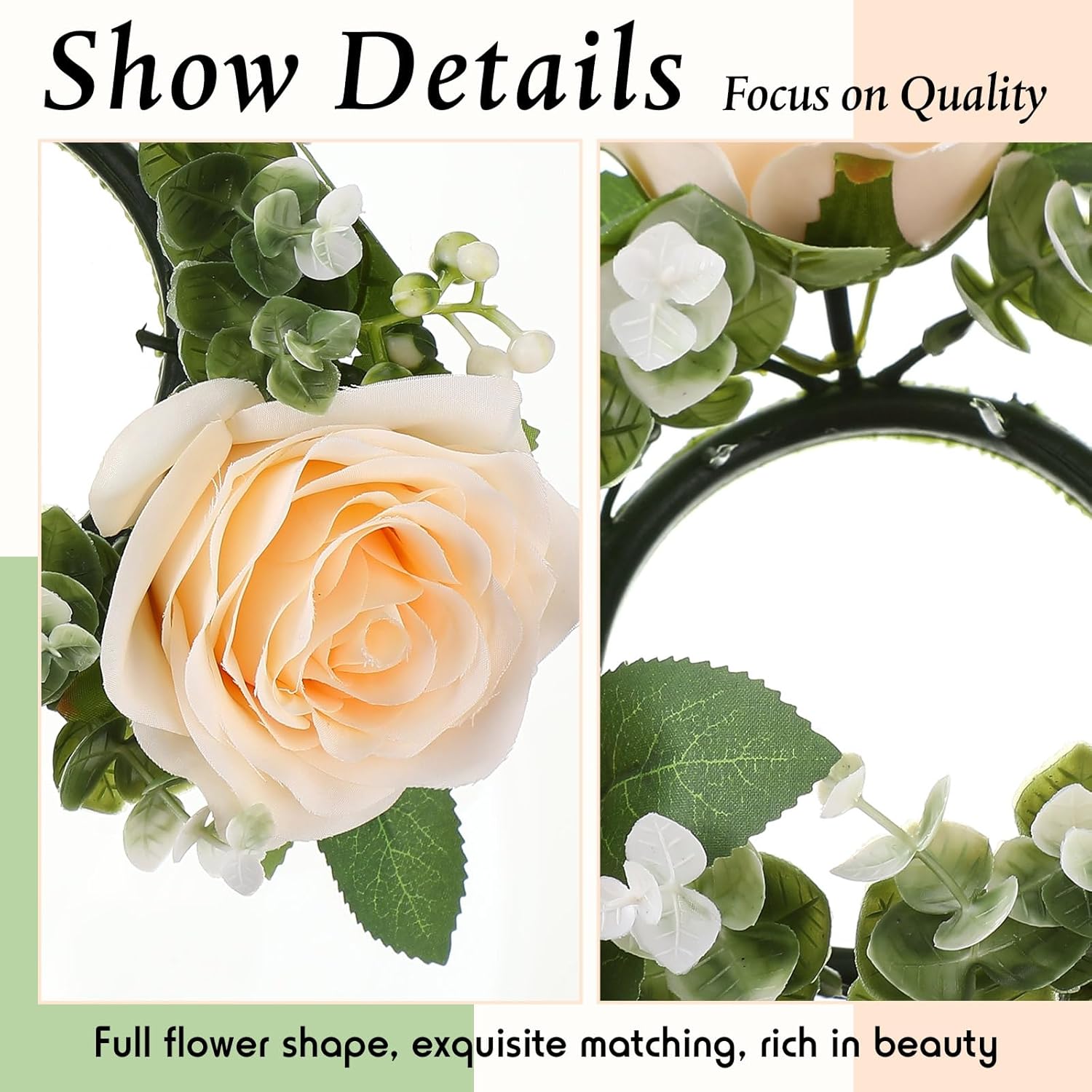 Yunlly 12 Pcs Rose Candle Rings with Flameless Candles Sets, Artificial Flower Eucalyptus Wedding Centerpiece 3 Inch Pillar Candleholders Wreaths for Wedding Party Mother's Day (Champagne)