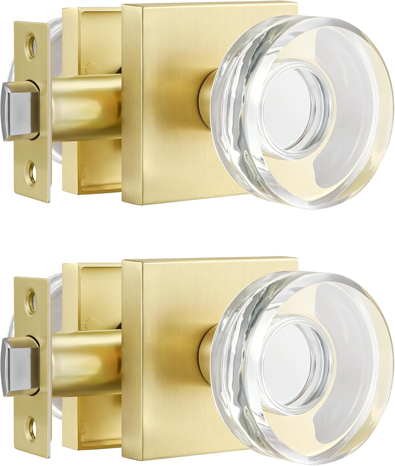 2 Pack Gold Glass Door Knobs Interior,Round Interior Crystal Door Handles Modern Classic Passage Hall/Closet Door Knobs