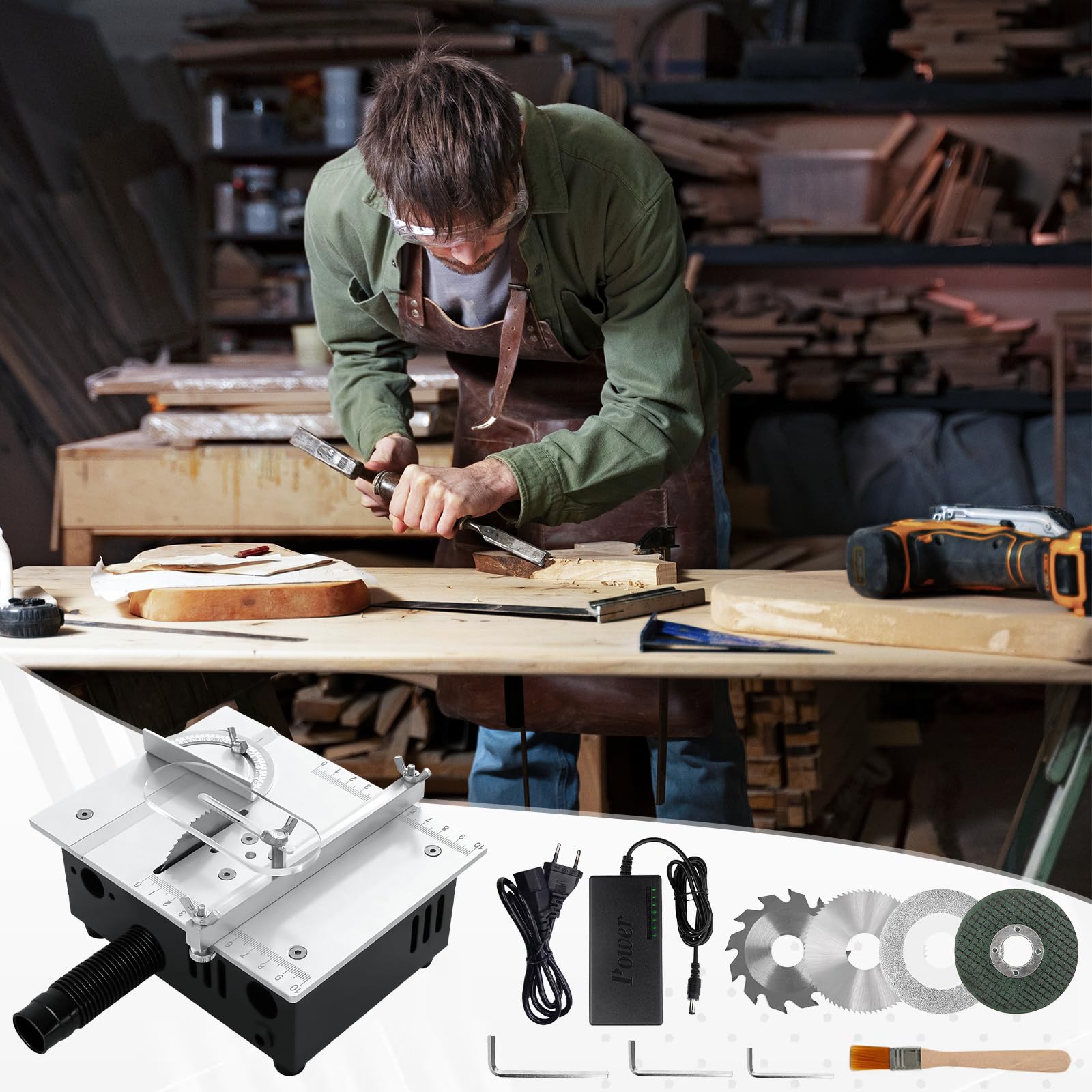 Sierra circular de mesa multifuncional, 96 W, 4 cuchillas, precisión, 7 velocidades, ajustable para bricolaje