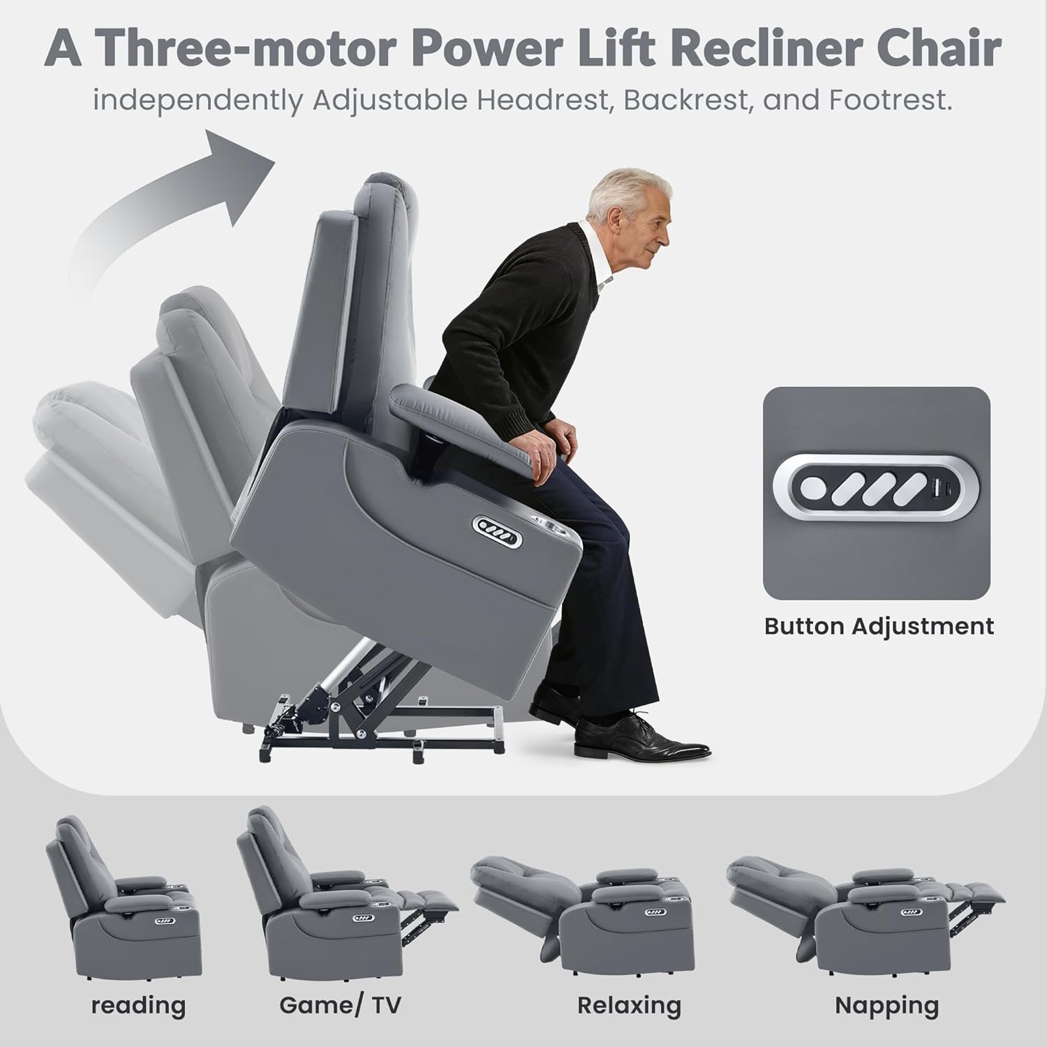 SUNWAVE 40" Power Lift Recliner Chair for Elderly, 3-Motor Oversized Lift Chair Recliner with Electric Headrest & 3-Way Armrest, Heat and Massage Stand Up Recliner for Big and Tall (Gray)