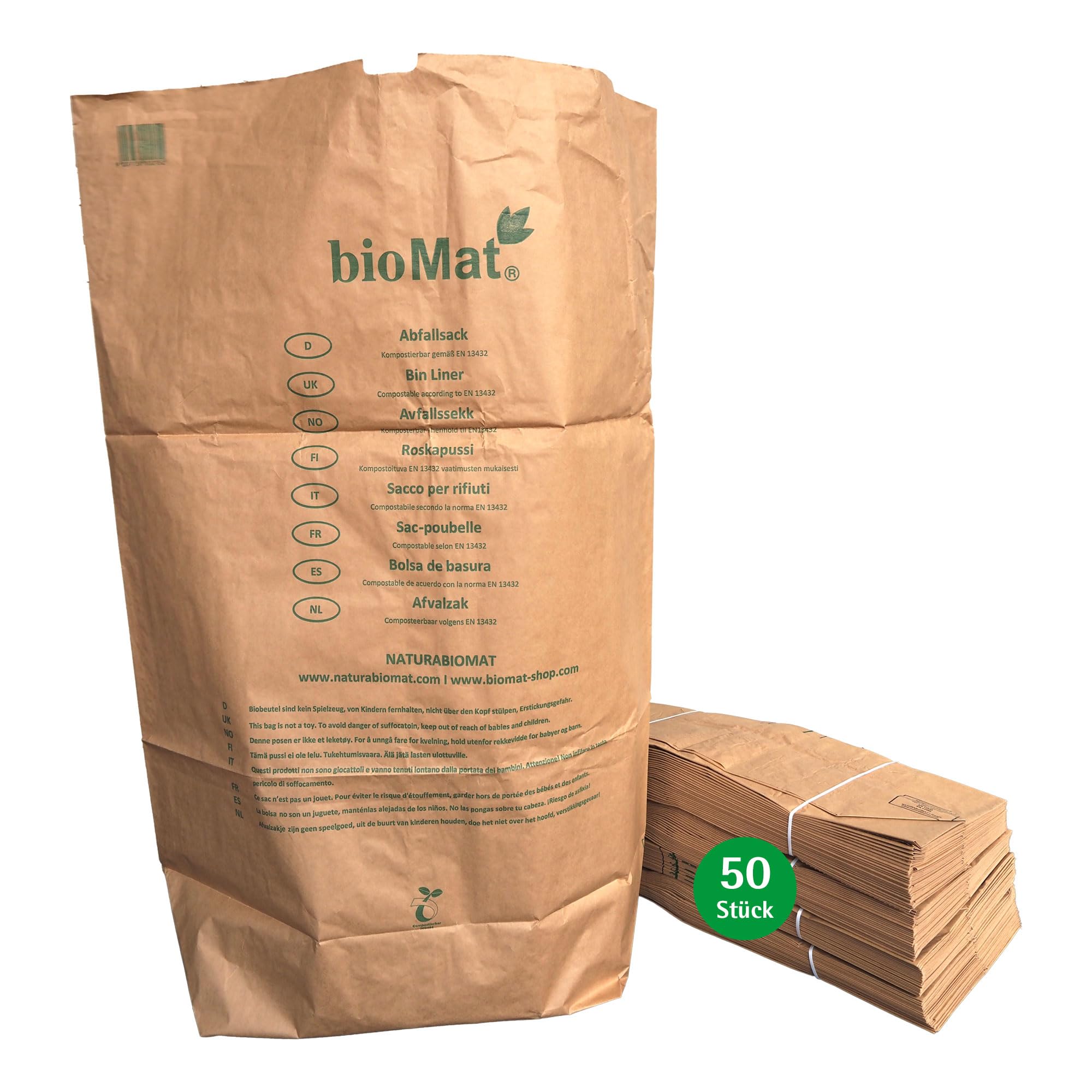 bioMat Worki papierowe do kompostowania, 240 l, z papieru typu kraftowego, 50 torebek papierowych na pojemnik na bio, 1-warstwowe, odporne na rozerwanie, odporne na wilgoć