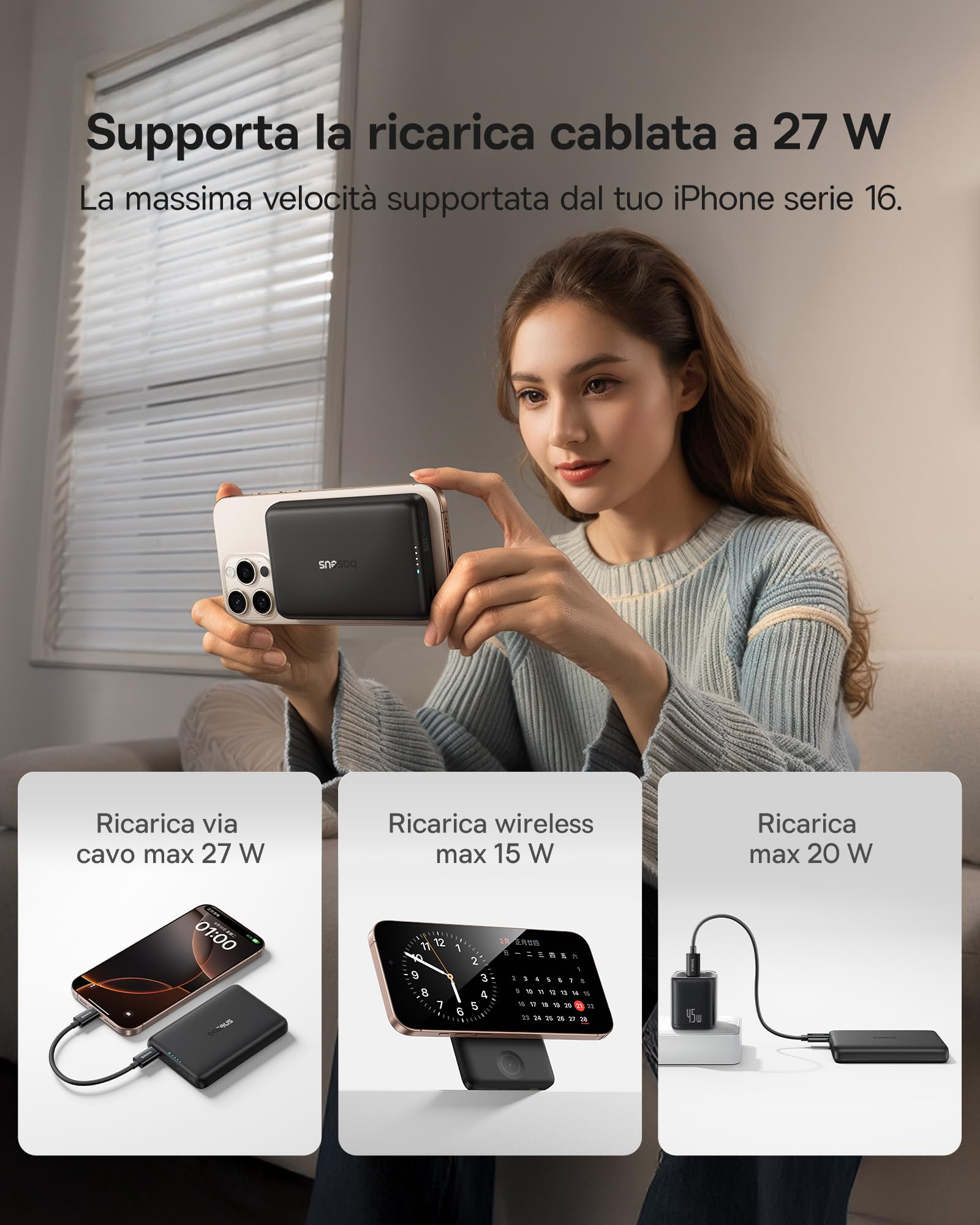 Baseus 2 in 1 Magsafe Powerbank 10000mAh 27W Doppi Anelli Magnetici, Caricabatterie Portatile Magnetic Power Bank USB C Compatibile mit iPhone 12-16, Apple Watch Series 1-10 Ultra e SE, AirPods