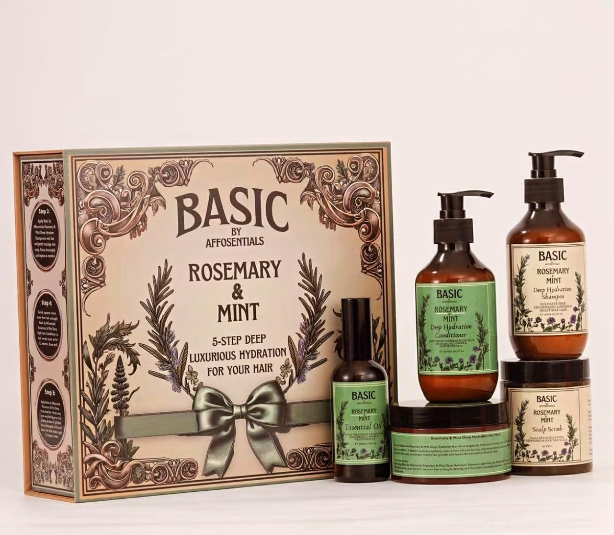 Affosentials 5-Step Rosemary Mint Hair Care Set | Sulphate-Free Shampoo, Conditioner, Hair Mask, Scalp Scrub & Oil | Deep Hydration & Hair Growth | Luxurious Gift for Men & Women