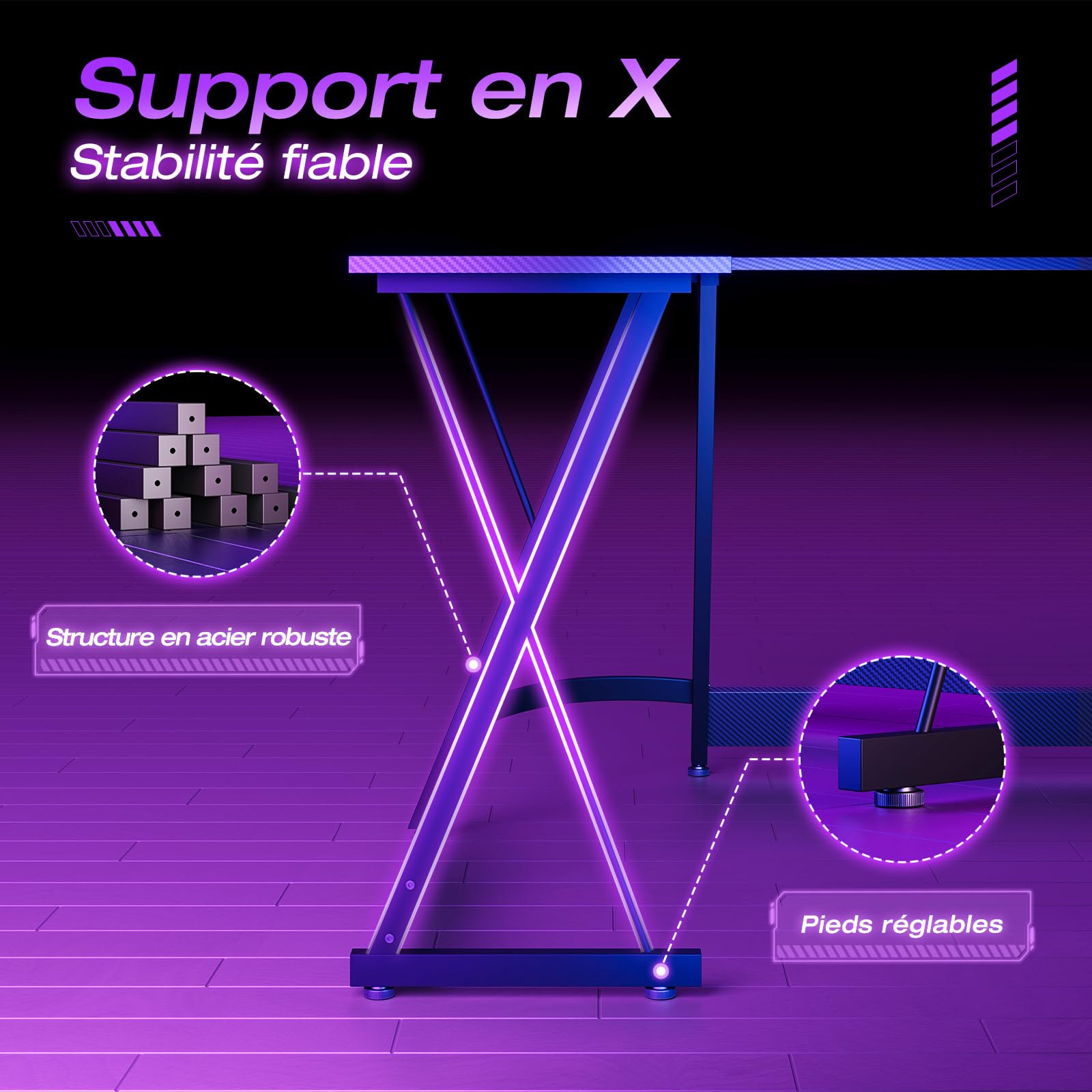 ODK Bureau Gaming d'angle, 120x120cm, Noir Fibre Carbone | Bureau en L avec Structure Stable, Économique, Pour Télétravail, Pour Études, Pour Gaming, Pour Maison