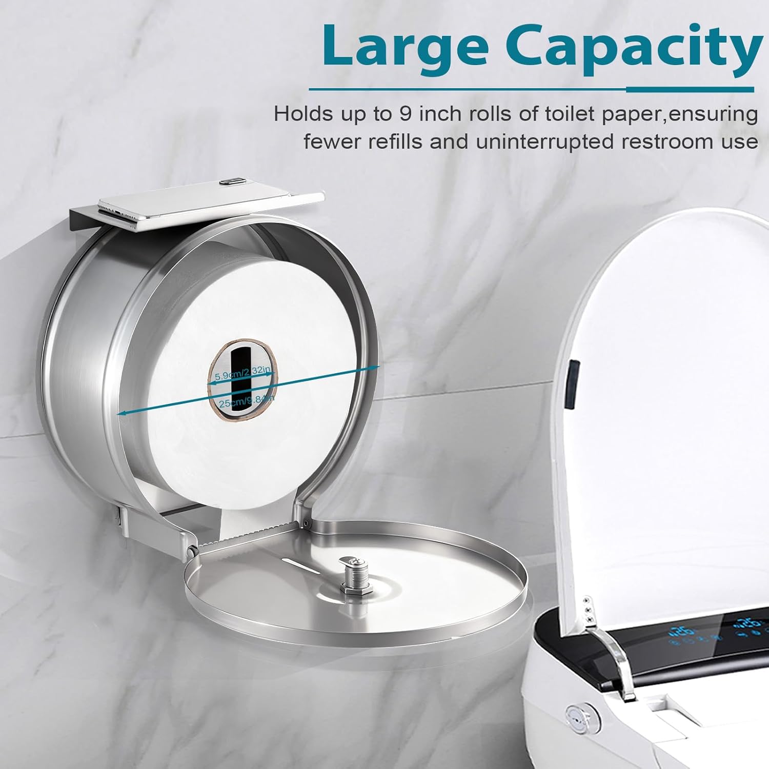 Commercial Jumbo Toilet Paper Dispenser with Shelf, 304 Stainless Steel 9” Roll Paper Holder Wall Mount, Bathroom Tissue Roll Dispenser with Lock Key,
