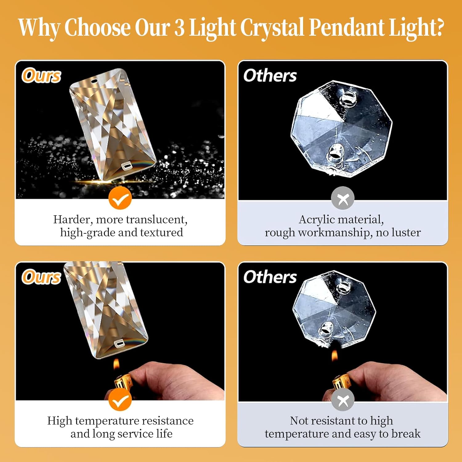 Modern Gold Crystal Pendant Light Fixture - 3-Light Adjustable Hanging Lamp for Kitchen Island, Dining Room, Living Room & Bedroom | Dimmable, Quick Install Farmhouse & Industrial Pendant Lighting