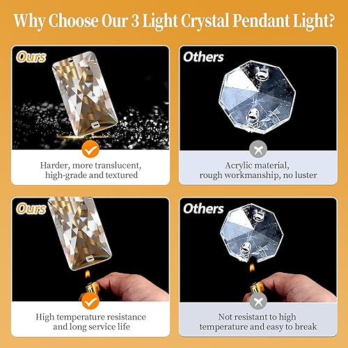 Miniatura 8 de Moderna lámpara colgante de cristal dorado  Lámpara colgante ajustable de 3 luces para isla de cocina, comedor, sala de estar y dormitorio