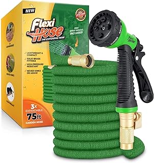 Flexi Hose with 8 Function Nozzle, 50FT - Lightweight Expandable Garden Hose, No-Kink Flexibility, 3/4 Inch Solid Brass Fittings and Double Latex Core - Green