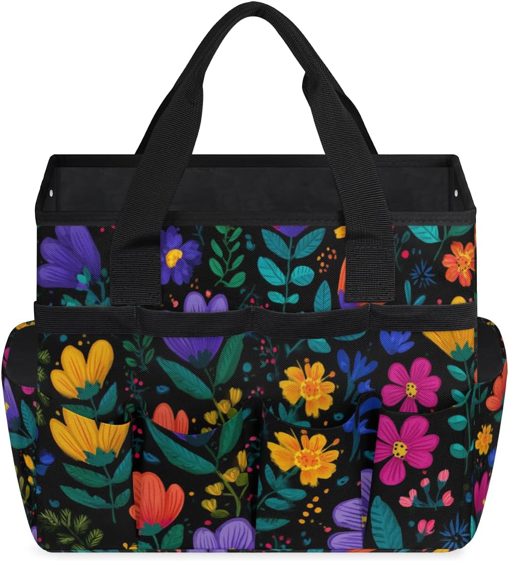 Flower Seamless Illustration Garden Tool Bag Tote for Men Women Multiple Pockets Wide Mouth Heavy Duty Waterproof Tool Organizer Bag for Outdoor Lawn Yard Portable Gardening Storage With Elasticbands