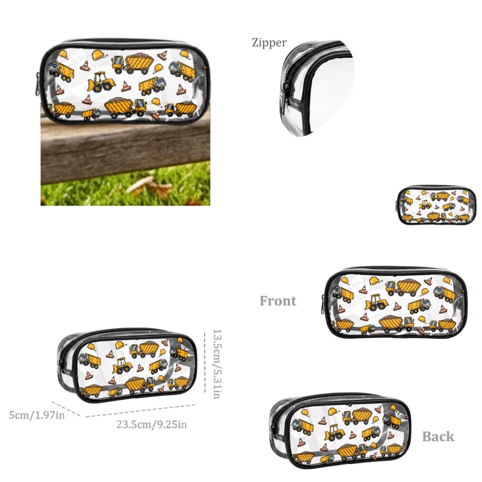 COEQINE Zaino trasparente da 4 pezzi per ragazzi 8-12 bambini borsa per libri scolastici con astuccio in PVC grande scatola per il pranzo Bookbag portachiavi, Costruzione Auto Giallo