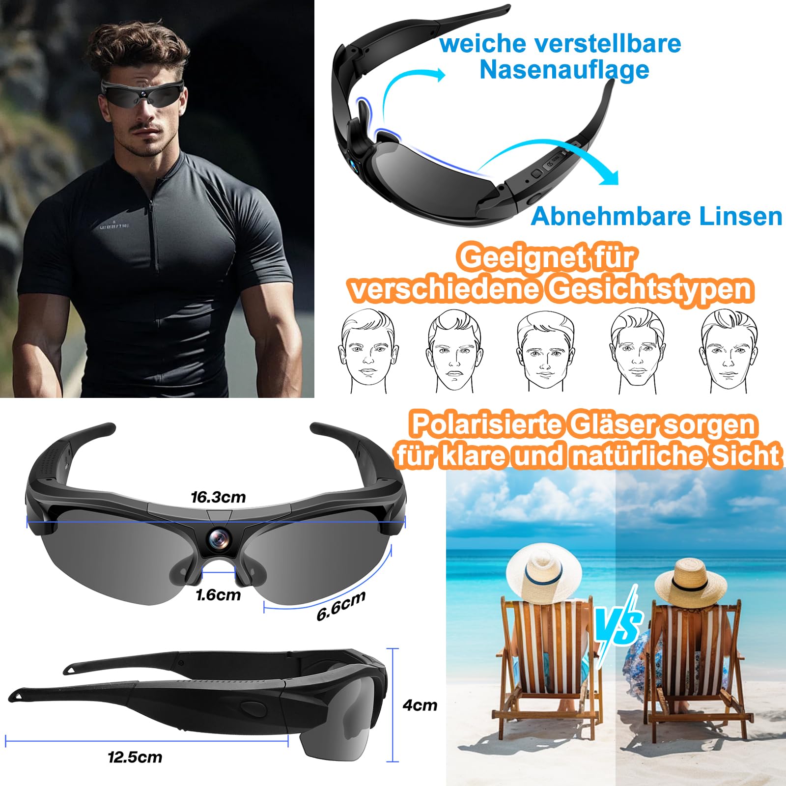 Brille mit Kamera & 1080P WiFi, 120° Weitwinkel, polarisiert für Sport | 100 Min Akku, 256GB Speicher, polarisierte Linsen (UV-Schutz), Loop-Aufnahme, inkl. Zubehör-Set
