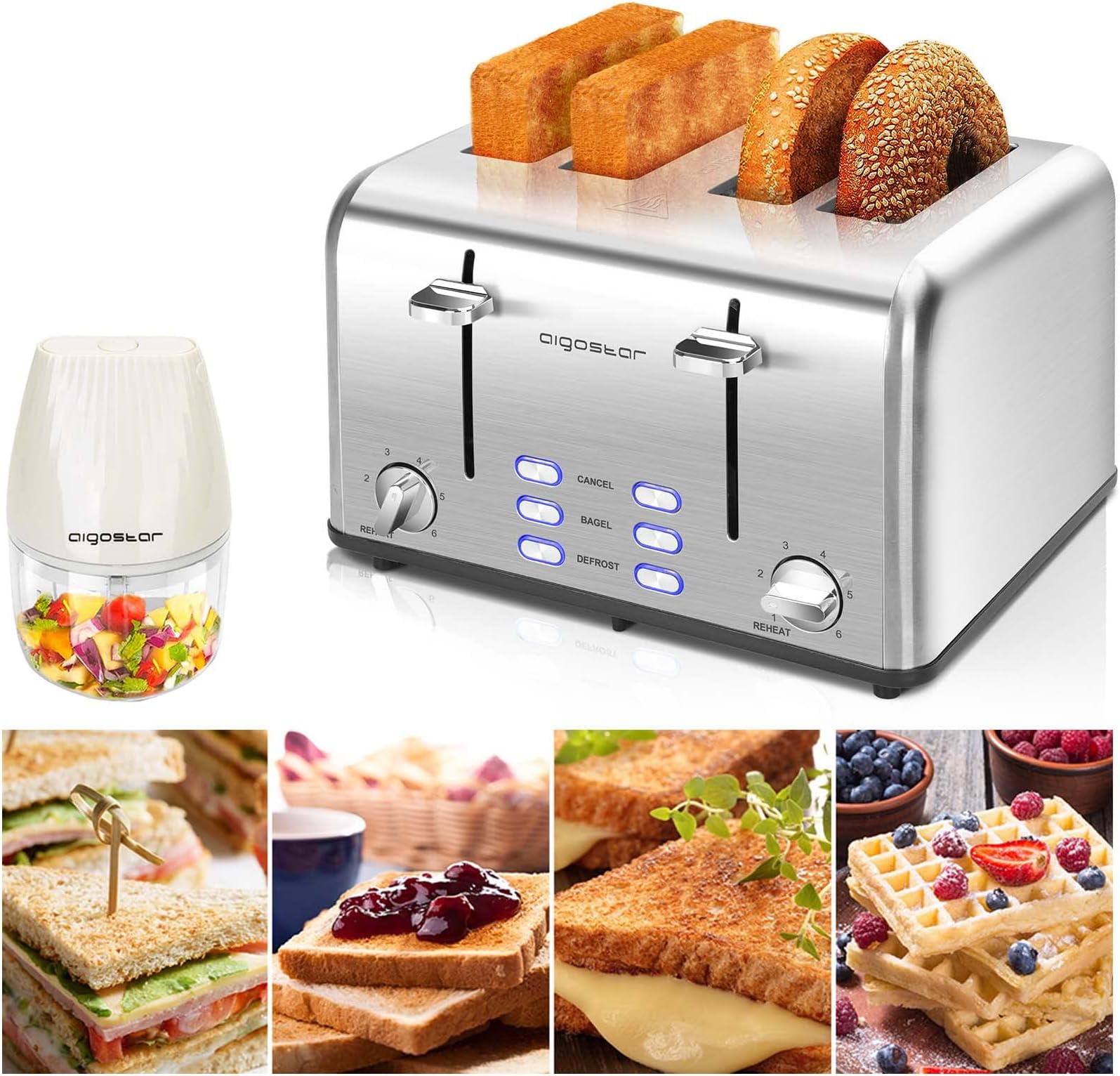 Aigostar Toaster 4 Slice Wide Slot Stainless Steel Toasters