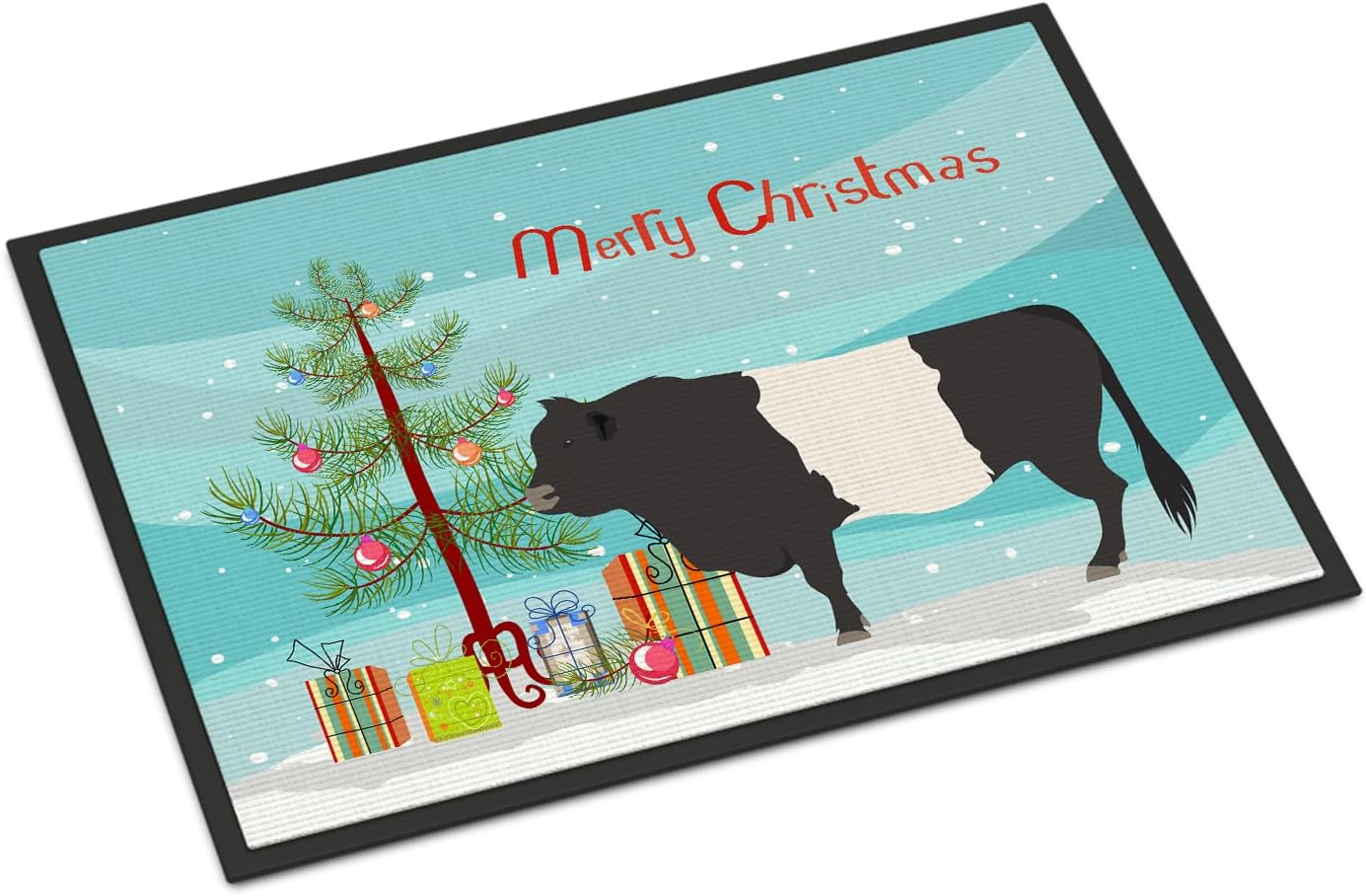 Caroline's Treasures BB9198JMAT Belted Galloway Cow Christmas Doormat 24x36, Teal Front Door Mat Indoor Outdoor Rugs for Entryway, Non Slip Washable Low Pile, 24H X 36W