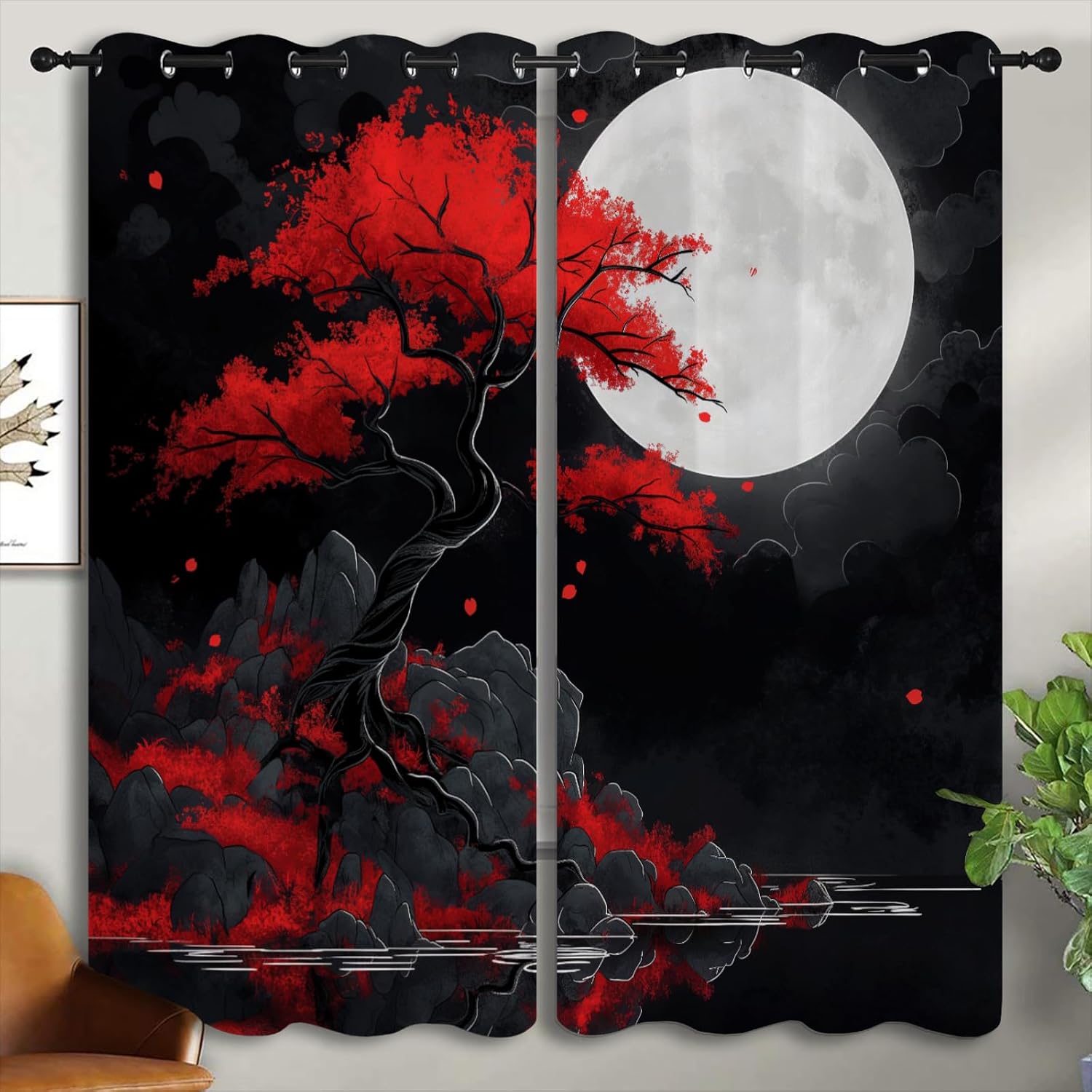 LHROOMJK Japanese Blackout Curtains for Boys Girl Bedroom Home Decor,Asian Anime Red Plum Moon Landscape Painting Thermal Insulated Grommet Darkening Living Room Window Drapes, 63 x 63 inch