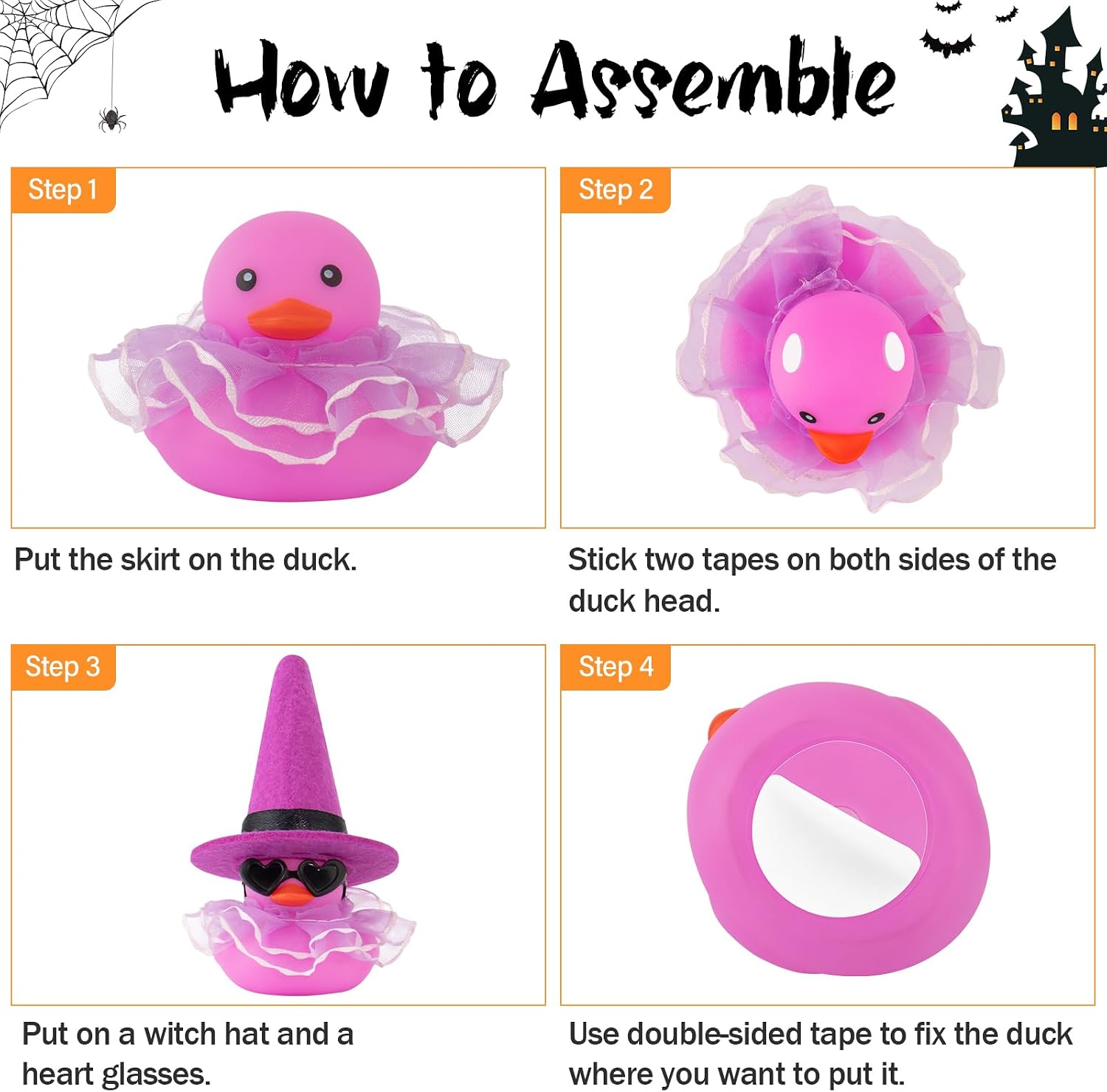 wonuu Car Dashboard Witch Colorful Rubber Ducks for Halloween, Decorations Duck for Office Desk Ornament Accessories with Hat Glasses Skirt, Sequin Skirt White