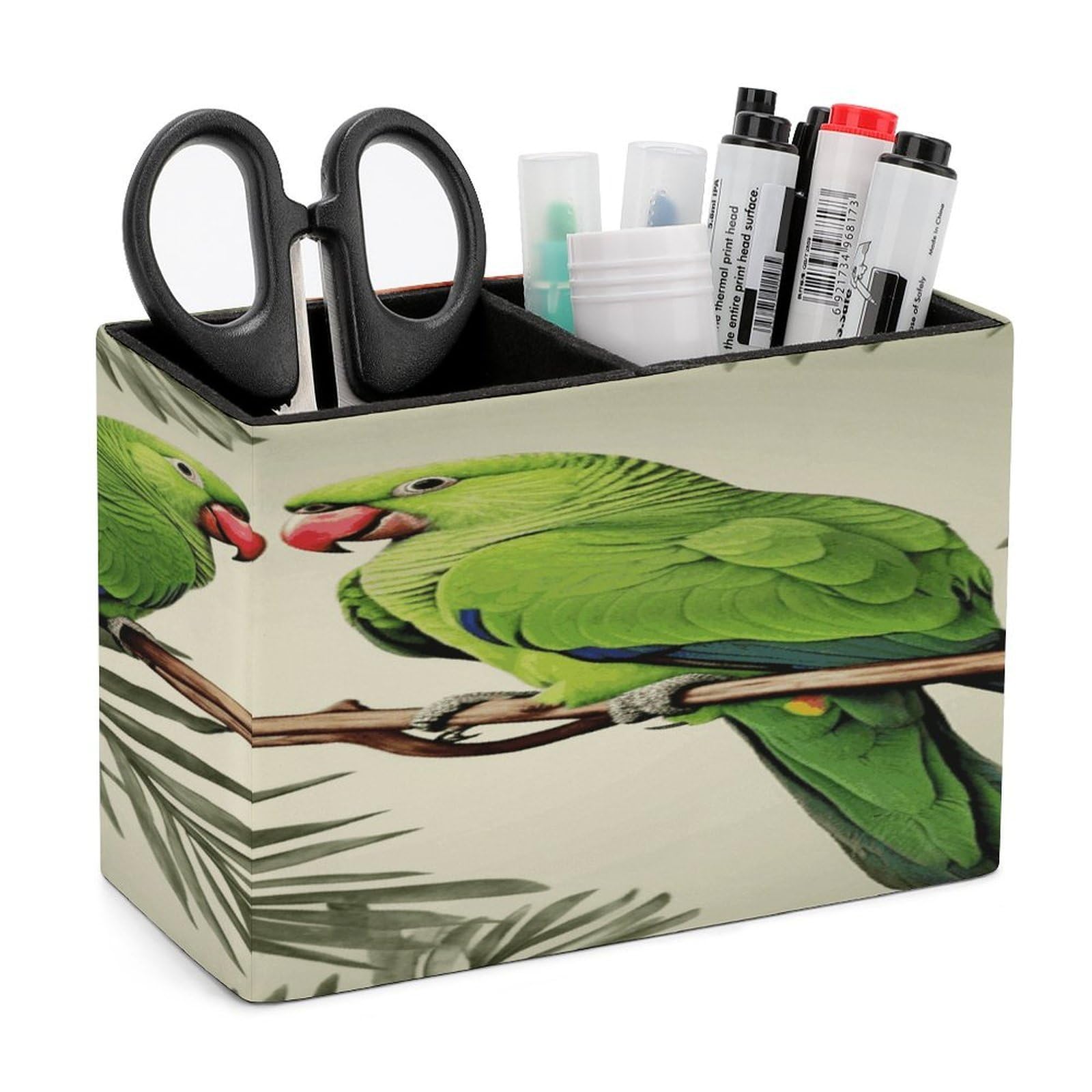 FekiLoot PU Leather Couple Parrots Olive Pen Holder for Desk 2 Compartments Desktop Stationary Organizer Rectangle Table Pencil Cup Stand Desktop Stationery Organizer Case for Office Home