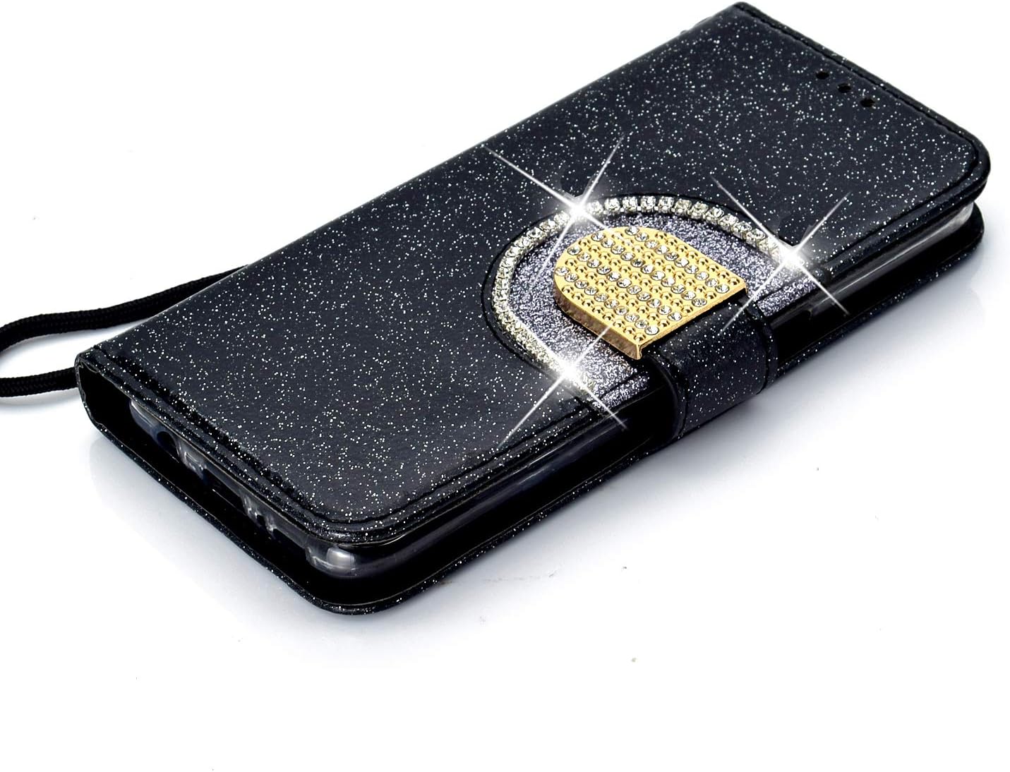 UEEBAI Wallet Flip Case for Galaxy S8 Plus,Glitter PU Leather Cover with Mirror [Diamond Buckle] [Card Slots] [Magnetic Clasp] Stand Function Gems Soft TPU Case for Samsung Galaxy S8 Plus - Black
