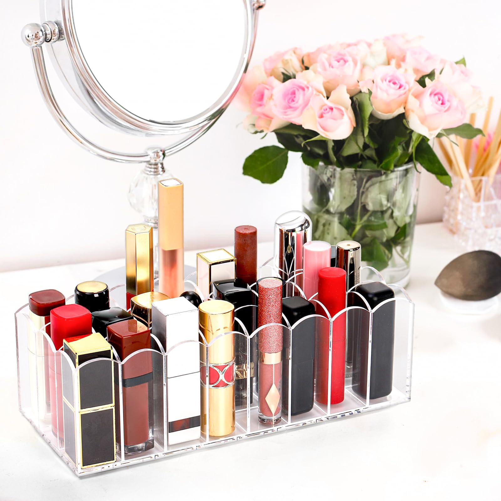 Hedume Organizador de brillo de labios, 24 espacios, acrílico brillo de labios y soporte de maquillaje de belleza, estuche expositor para brillo de labios alto/productos de pintalabios