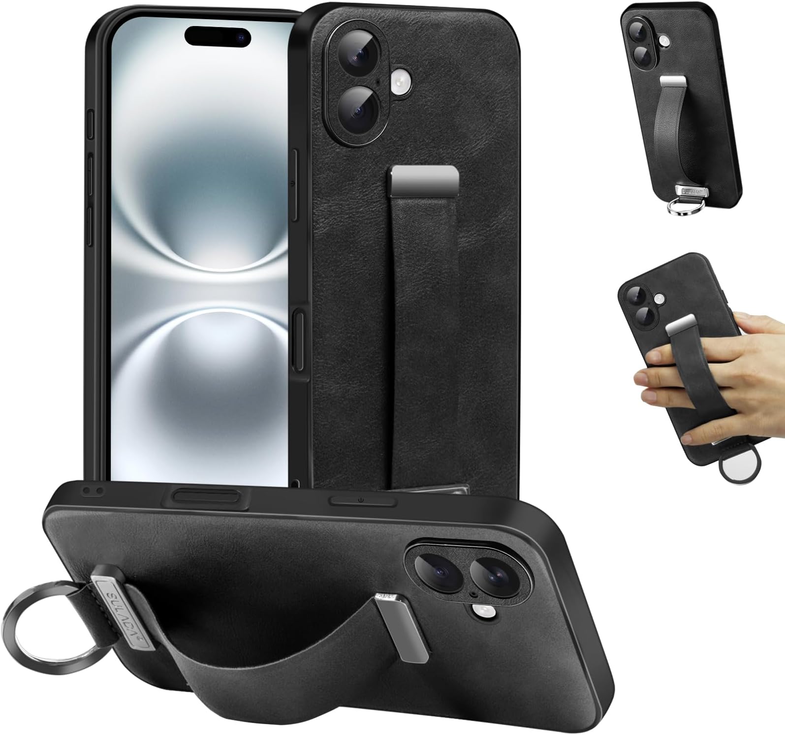EURCRBU Compatible with iPhone 16 Phone Case, the Latest Bracket Ring all Inclusive Lens Protection Leather PU Phone Case, with Ring Wrist Strap Design, For 2024 Apple 16 6.1 inch Cover-Black