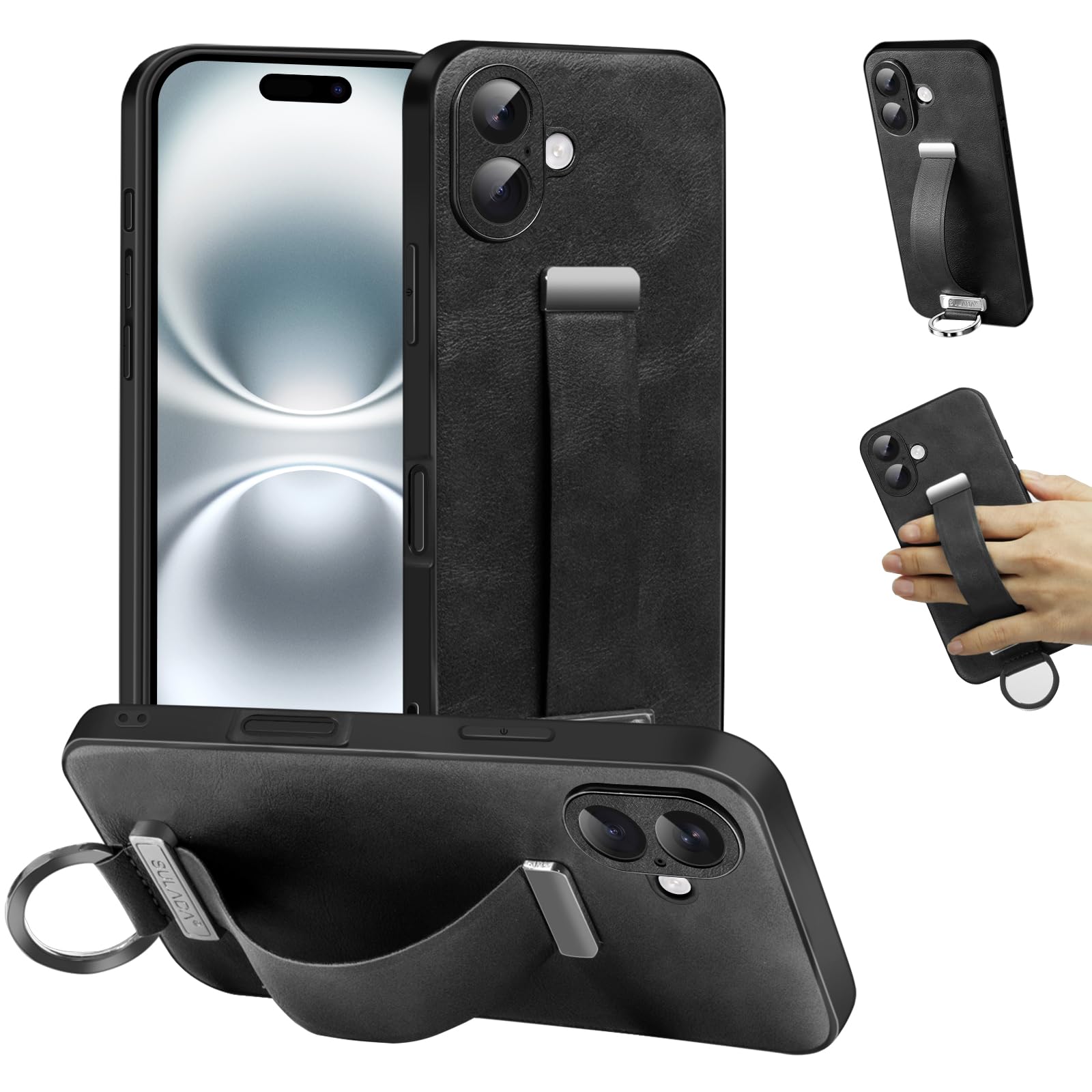 EURCRBU Compatible with iPhone 16 Phone Case, the Latest Bracket Ring all Inclusive Lens Protection Leather PU Phone Case, with Ring Wrist Strap Design, For 2024 Apple 16 6.1 inch Cover-Black