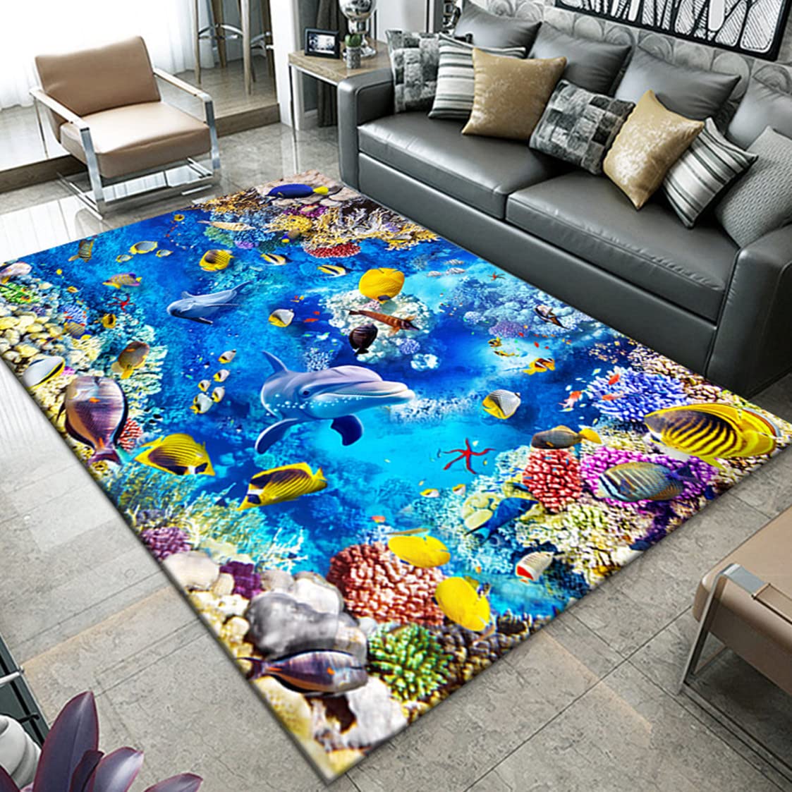 Sticker Superb. Pattern 1 Underwater World 3D Ocean Carpet Fish Coral Dolphin Living Room Bedroom Bathroom Rug Entrance Door Mat Non-Slip Household Flannel Floor Mat Seaworld Children Crawling Carpet (120X160 Cm,)