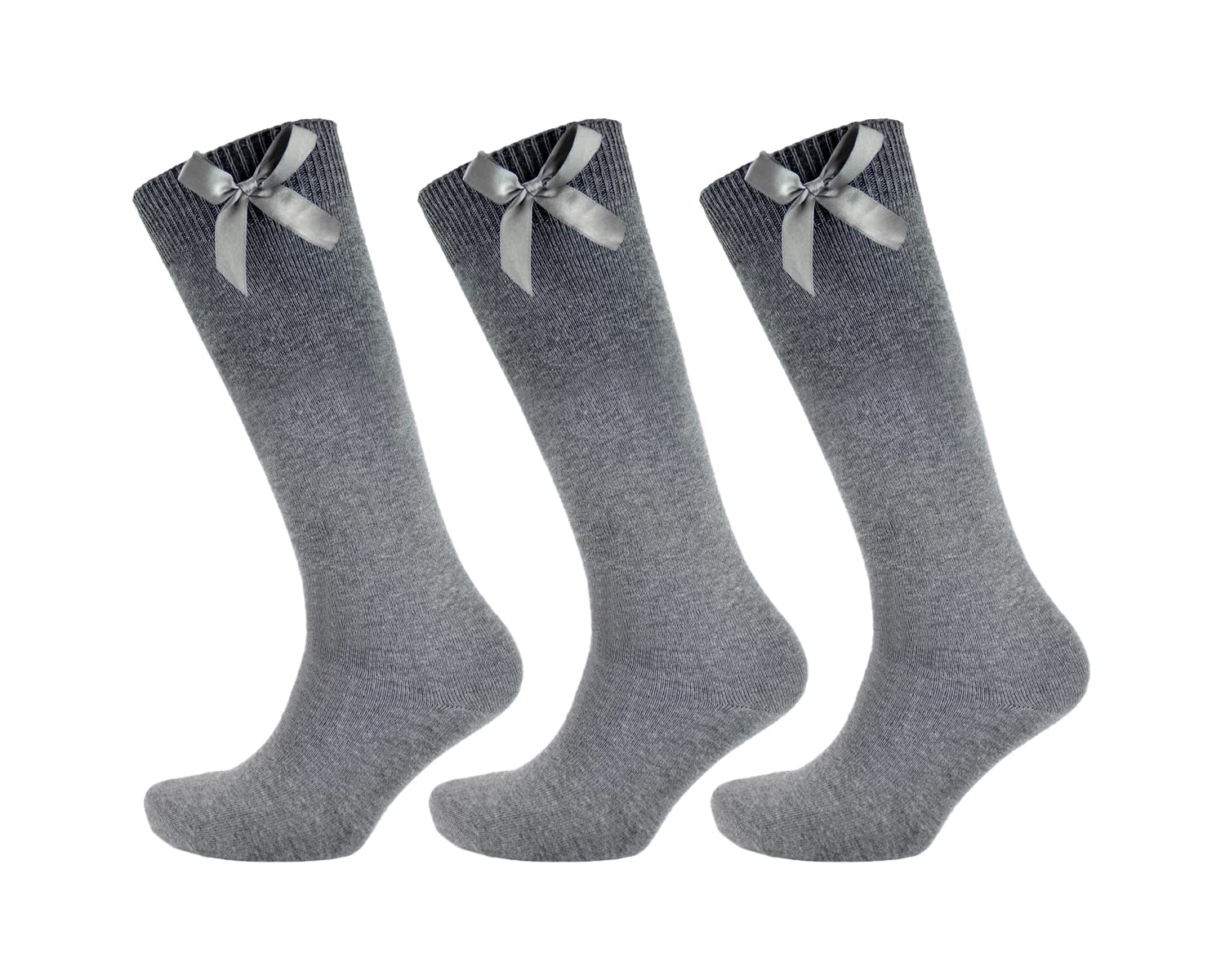 Slumber Hut Girls 3 Pairs Knee High Socks With Ribbon Bow Grey 12-3 (EUR 31-34)
