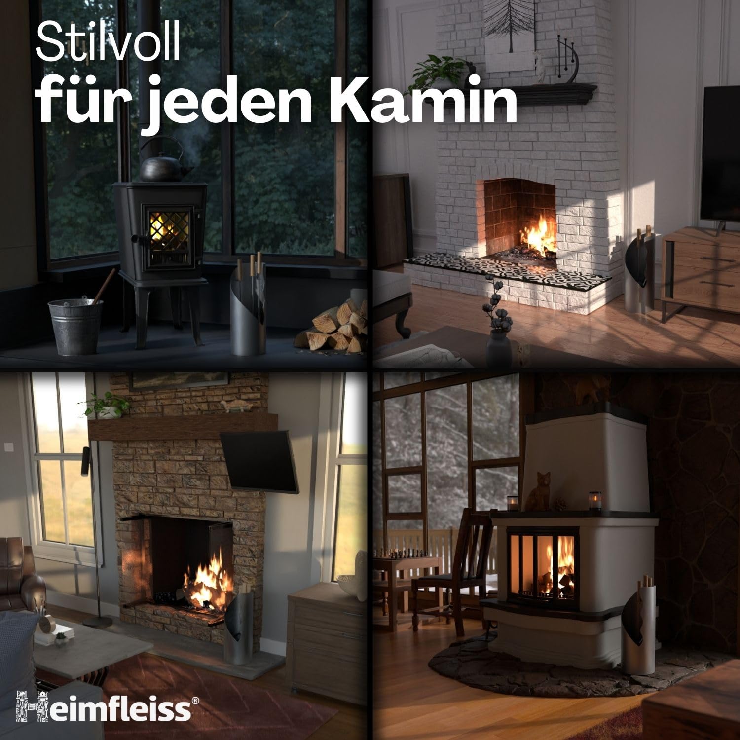 Heimfleiss® Kaminbesteck Modern Grau | Ofenbesteck Kaminbesteck Set | Hochwertiges Kaminset aus Schürhaken & Kehrset | Kaminzubehör mit Holzgriff | Kaminofen Besteck Anthrazit | Kamingarnitur für Ofen