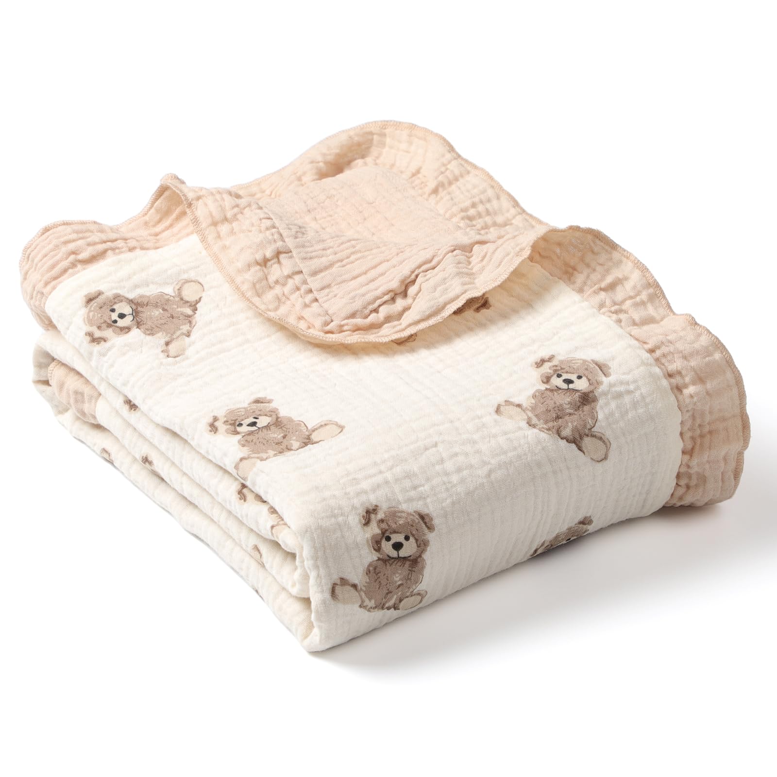 Organic Baby Blanket Flounce Edge Large 50"x43" Teddy Bear, 100% Muslin Cotton Soft Breathable Toddler Quilt Crib Blankets Gender Neutral for Baby Boys and Girls Bassinet, Bed, Stroller & Snuggling