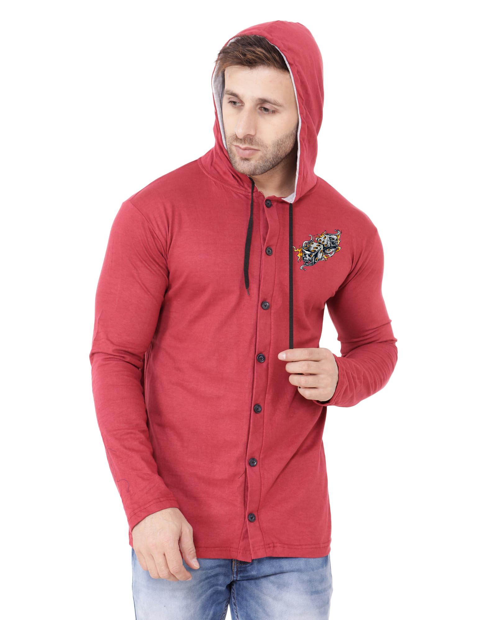 Men's Solid Hooded T-Shirt with Full Sleeves & Front Button Closure | Casual Cotton Blend Slim Fit Shirt