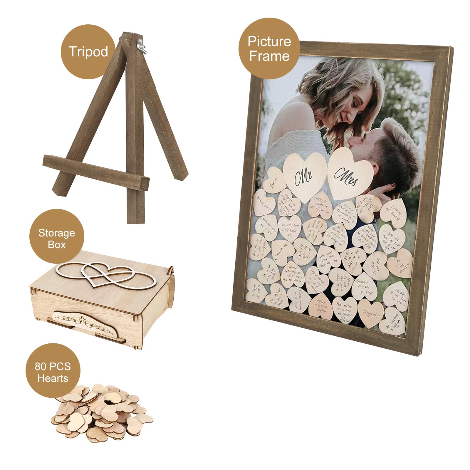 Libro de visitas de madera para boda, con marco de fotos, 100 corazones de madera para escribir, libro de invitados para bodas, cumpleaños y baby shower