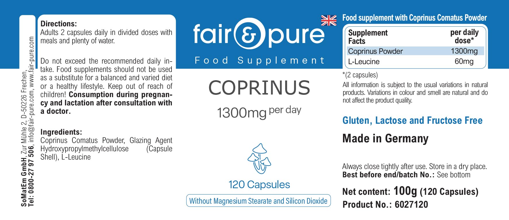 Fair & Pure Capsule di Coprinus 1300mg dose giornaliera, 120 pezzi, fungo coprinus, integratore alimentare vegano senza additivi, prodotto in Germania