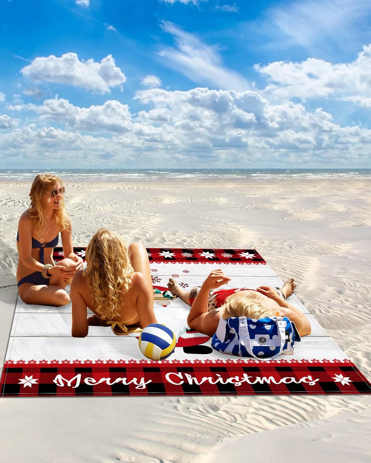 Happy Christmas Cute Santa Gnome Beach Blanket Waterproof Sandproof Outdoor Picnic Mat 95"x80" Winter Snowflake on Buffalo Lightweight Large Beaach Blankets with 4 Stake & 4 Corner Pockets