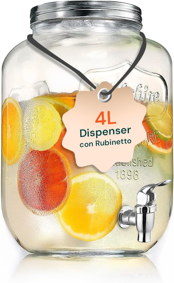 Dispenser per bevande in vetro, dispenser per bevande ghiacciate da 1L/3L/5L con rubinetto e supporto in legno, distributore di bevande fredde per barbecue, picnic, feste in piscina, bevande 3L