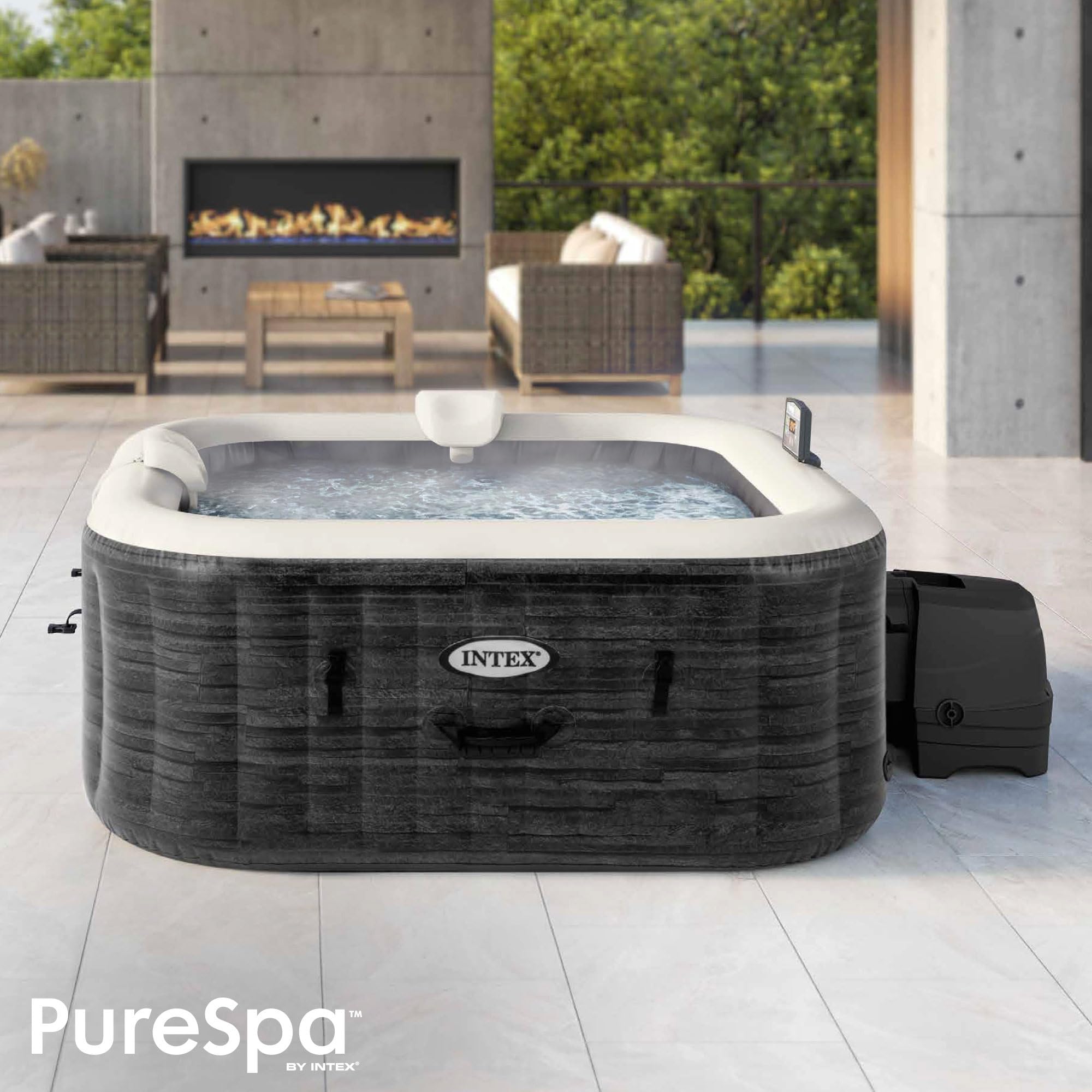 INTEX PureSpa Greywood Deluxe In- & Outdoor Whirlpool aufblasbar für 4 Personen 795 L (145 x 71cm) Inkl. Wasserenthärtungs- & Salzwassersystem - 140 Massagedüsen - Heizsystem - APP Steuerung & LED