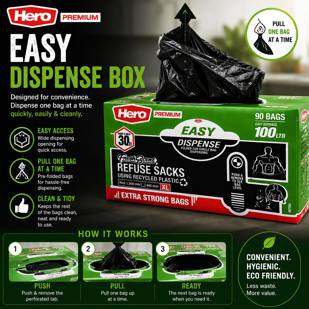 Hero Bolsas de basura perfumadas negras de 100 L, fáciles de dispensar, paquete plano de 90 unidades