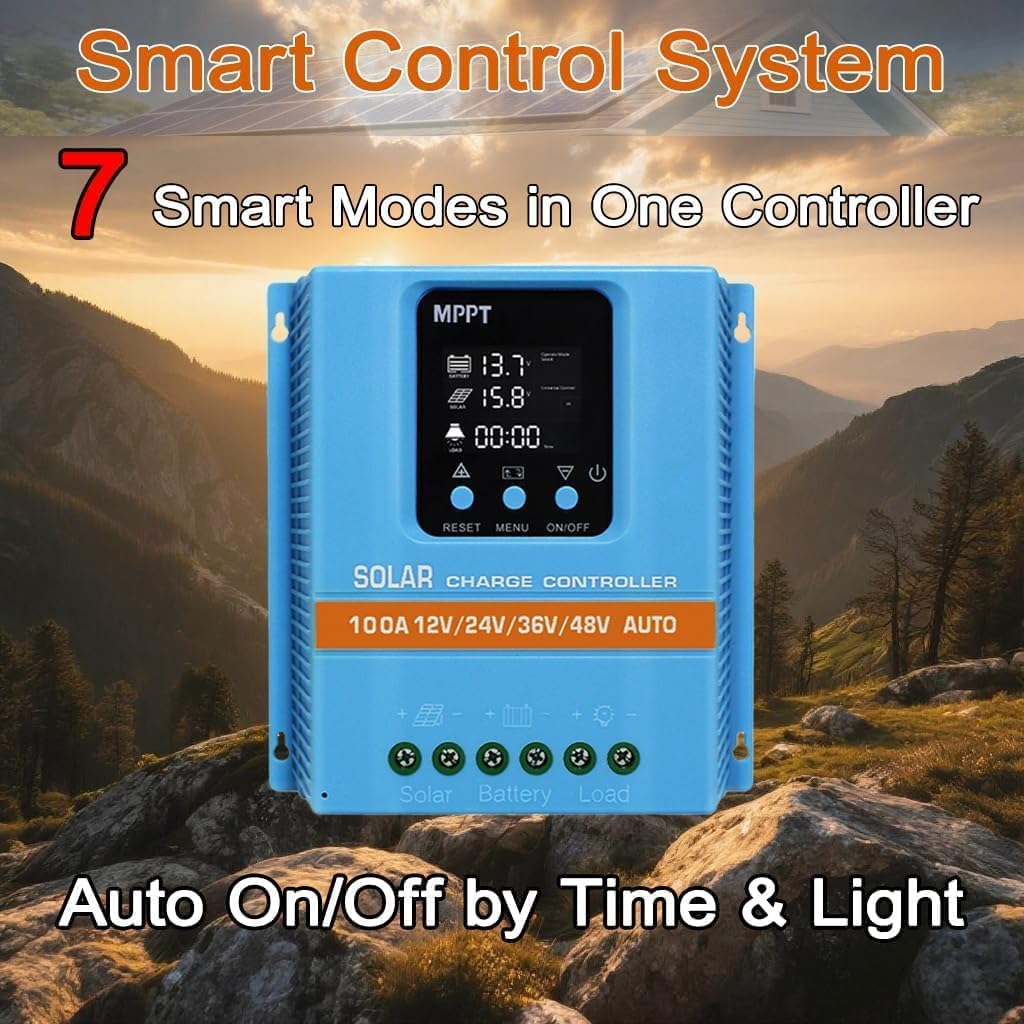 Regulador Solar 100A MPPT/PWM Híbrido | Detección Automática 12V/24V/36V/48V | Pantalla LCD & Dual USB | Para Baterías de Litio (LiFePO4) y Plomo | Ideal para Autocaravana, Casa y Huerto