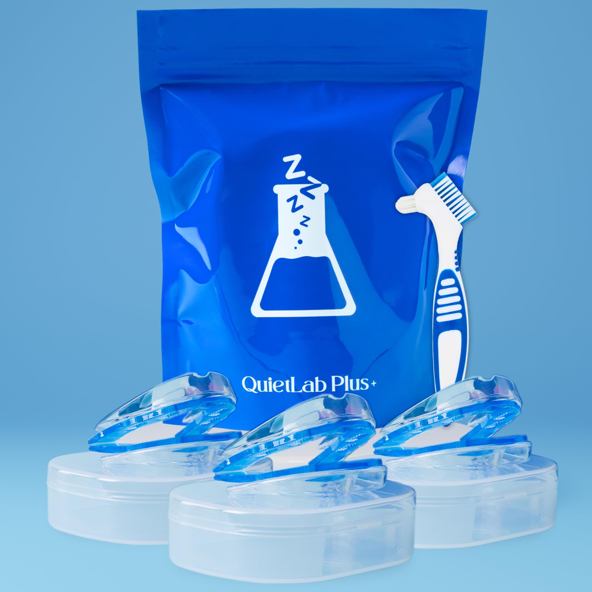 QuietLab Plus 3x Anti Schnarch Mundstück mit Reinigungsbürste, 25 Anpassbare Positionen, Airflow Schnarchstopper Schiene, Anti Schnarchschiene für Männer & Frauen, Anti Snoring Mouthpiece
