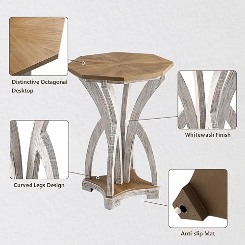 Miniatura 40 de COSIEST Mesa auxiliar redonda, mesa auxiliar de cristal con marco de madera, mesita de noche dorada champán con estilo moderno para sala de estar,