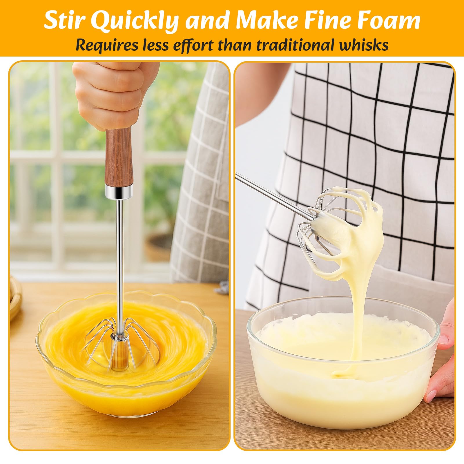 Euqvunn 12 Pollici Frusta da Cucina Semi-Automatica, Sbattitore Manuale in Acciaio Inox con Manico da Appendere, Frusta a Mano per Cucinare, Sbattere e Montare - 5