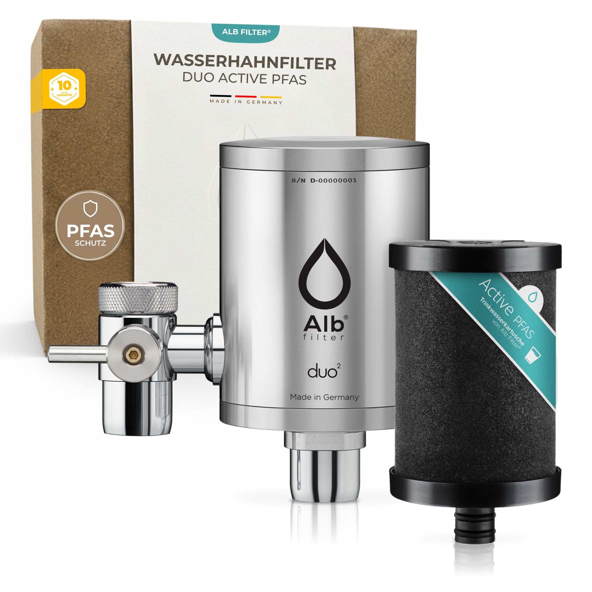 Alb Filter DUO Active PFAS Wasserfilter Wasserhahn - Effektive PFAS-Reduktion & Schadstoff-Filtration - Trinkwasserfilter Küche mit Aktivkohle - Einfache Montage - Made in Germany (Edelstahl Natur)