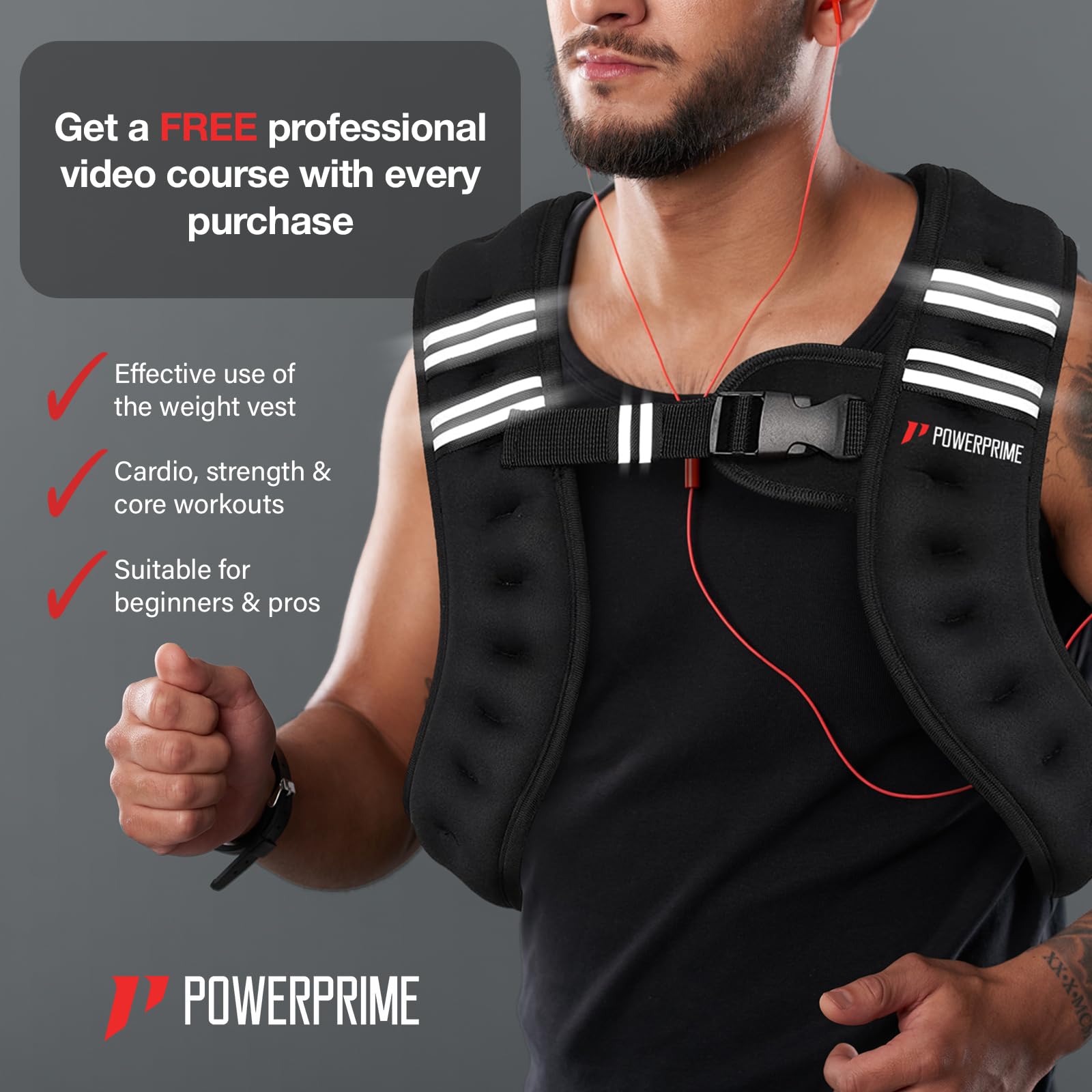 PowerPrime® Weighted Vest 11 lbs (5 kg) – Adjustable, Unisex Fitness Vest for Men & Women – Neoprene Material, Reflective Strips, Mesh Pocket – Ideal for Running, HIIT, and Strength Training