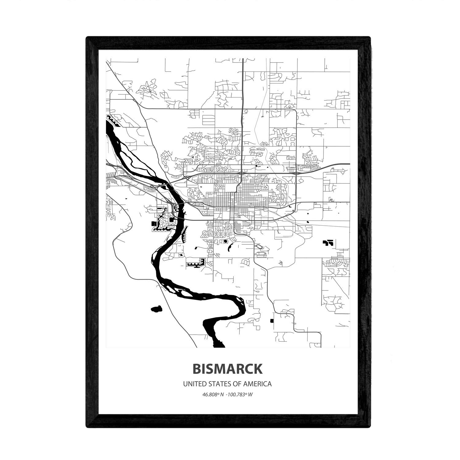 Nacnic Poster with map of Bismarck - USA. Sheets US cities with seas and rivers in black color. A4 size โ image 1