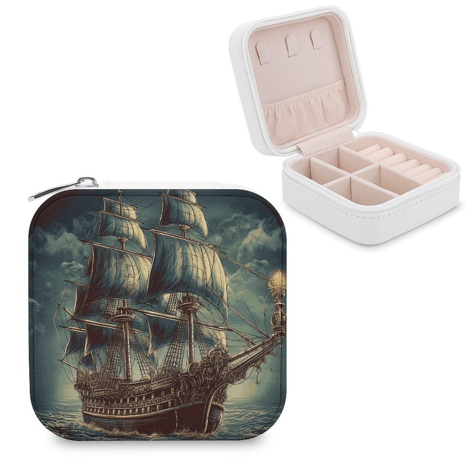 VstaDank Nautical Vintage Sailing Pirate Ship Travel Jewelry Case Zipper Portable Small Jewelry Box Custom Pu Leather Mini Traveling Jewelry Organizer for Rings Earrings Necklace Bracelet Girls Women