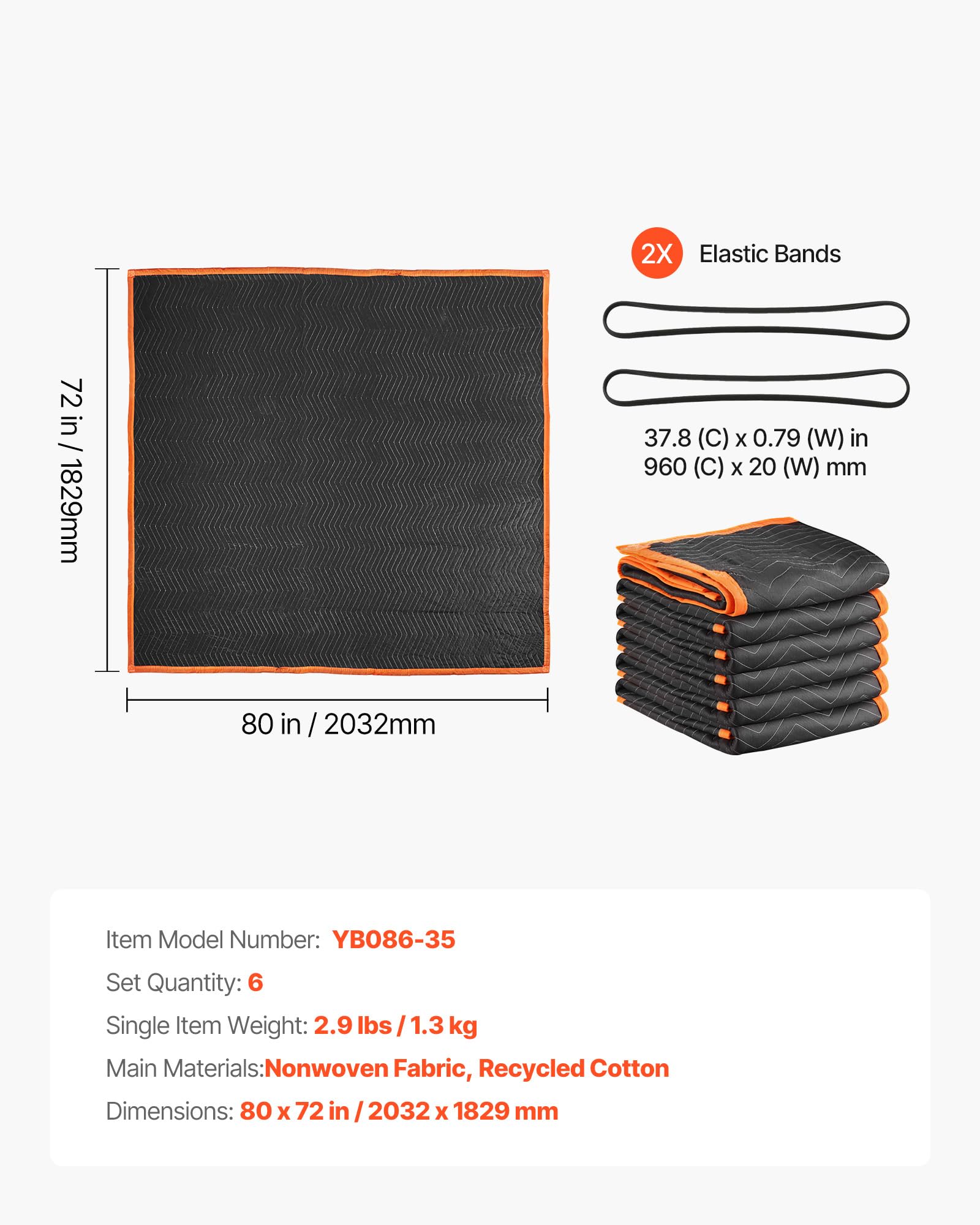 VEVOR Coperte da Trasloco 6 Pezzi, 1829 x 2032 mm, Grandi Coperte da Imballaggio con Imbottitura in Cotone, Coperta da Trasloco Imbottita per Spedizione, Imballaggio e Protezione di Mobili