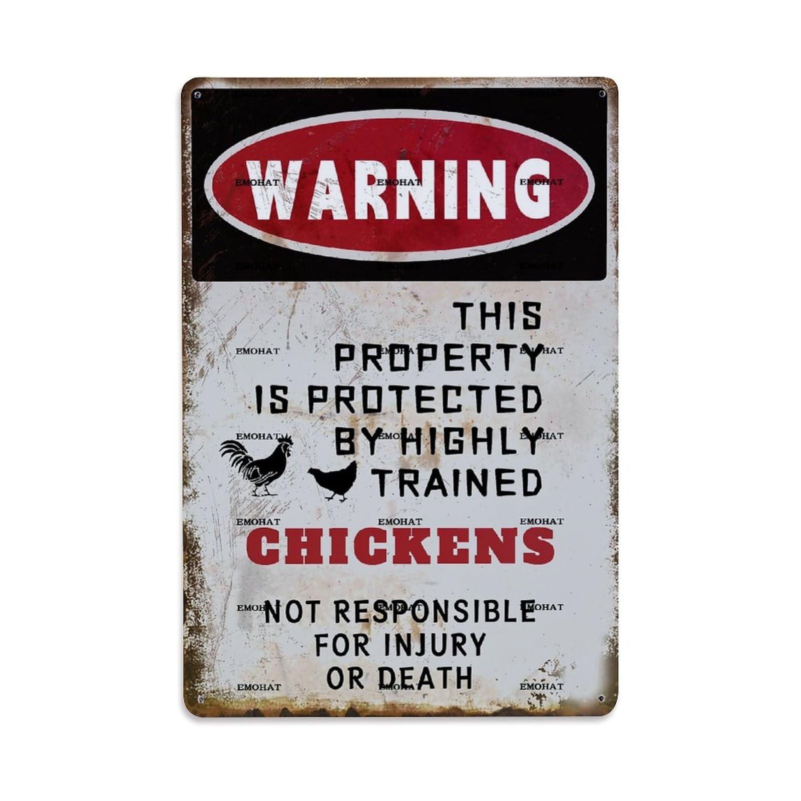 Jdfenggu Vintage Warning Property Protected By Chickens Retro Metal Tin Sign, Metal Poster For Bar, Home, Man Cave, Kitchen, Laundry Room Art Decor 8X12 Inch